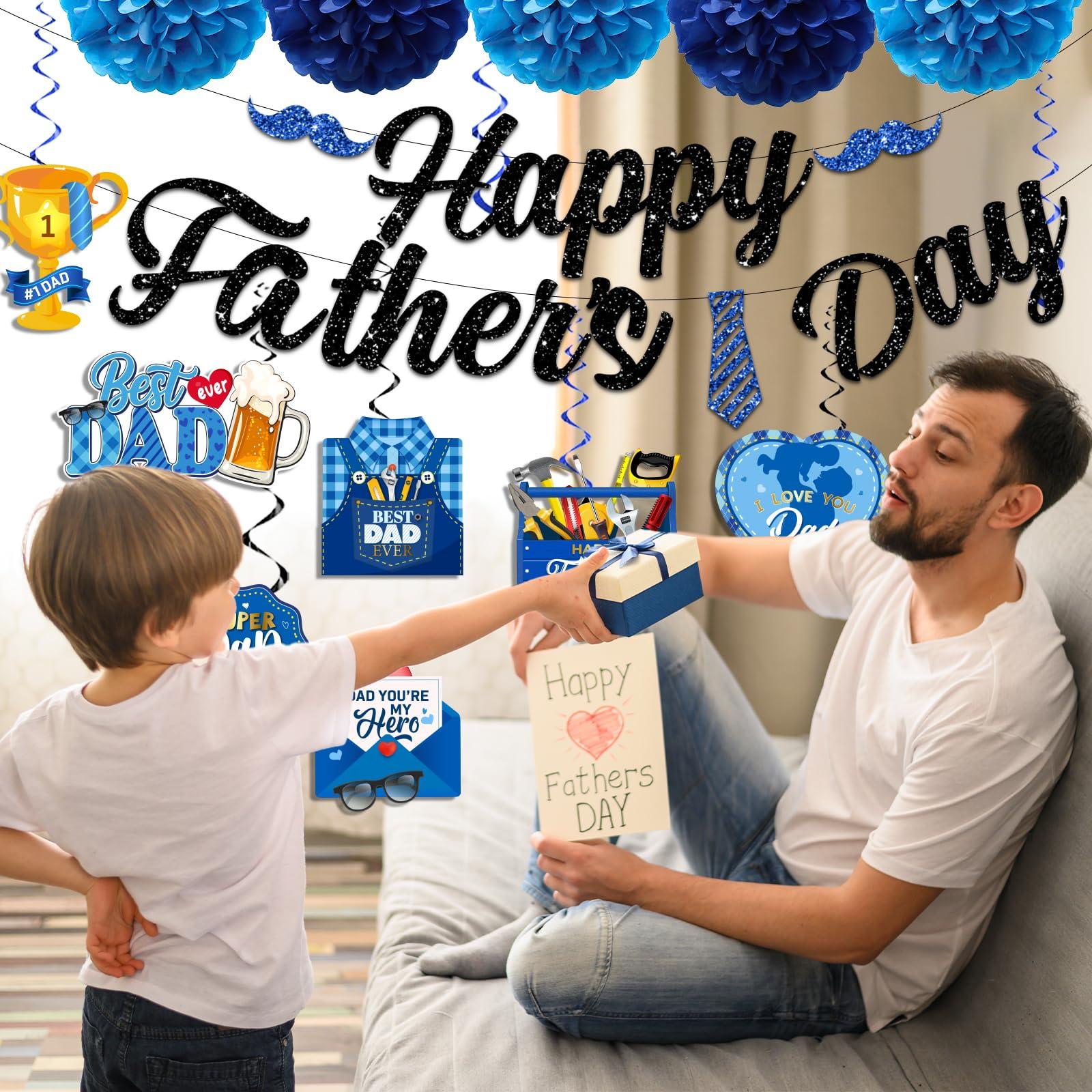 Fathers Day Decorations, Best Dad Ever Decorations includes Glitter Happy Fathers day Banner Dad Hanging Swirls and Blue Tissue Pom Poms, Fathers Day Decorations for Home Office - Image 5