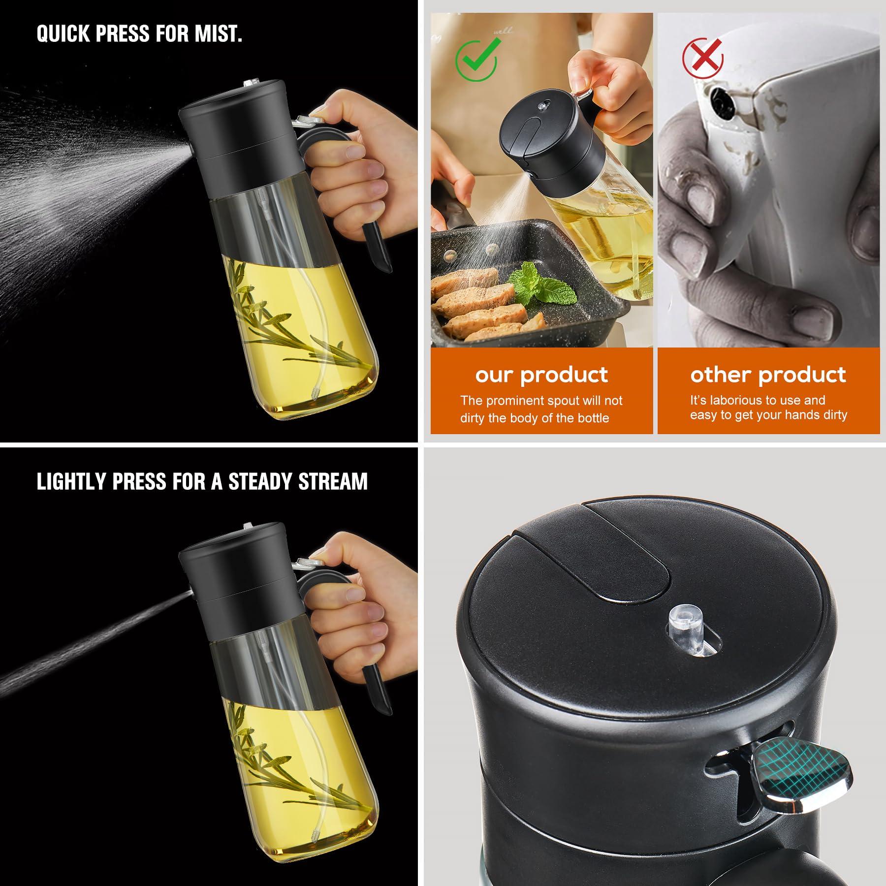 hoforife Glass Olive Oil Dispenser Bottle & Oil Sprayer Bottle 2 In 1 for Kitchen Cooking, Auto Flip Cap, 18oz Black - Image 5