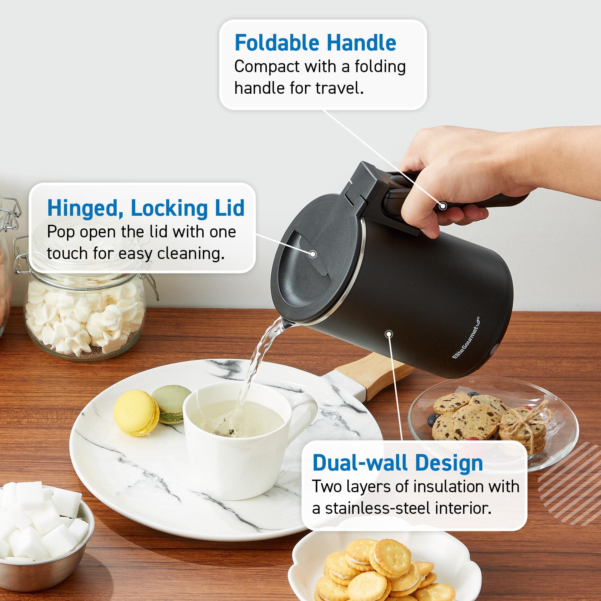 Elite Gourmet EKT719 Dual Volt 120-230V, Travel Double Wall Insulated Cool-Touch, 0.6L Electric Kettle, Stainless Steel Interior, Hinged-Locking Lid, Retractable Handle, Auto Shut-Off, Boil Dry, Black - Image 3