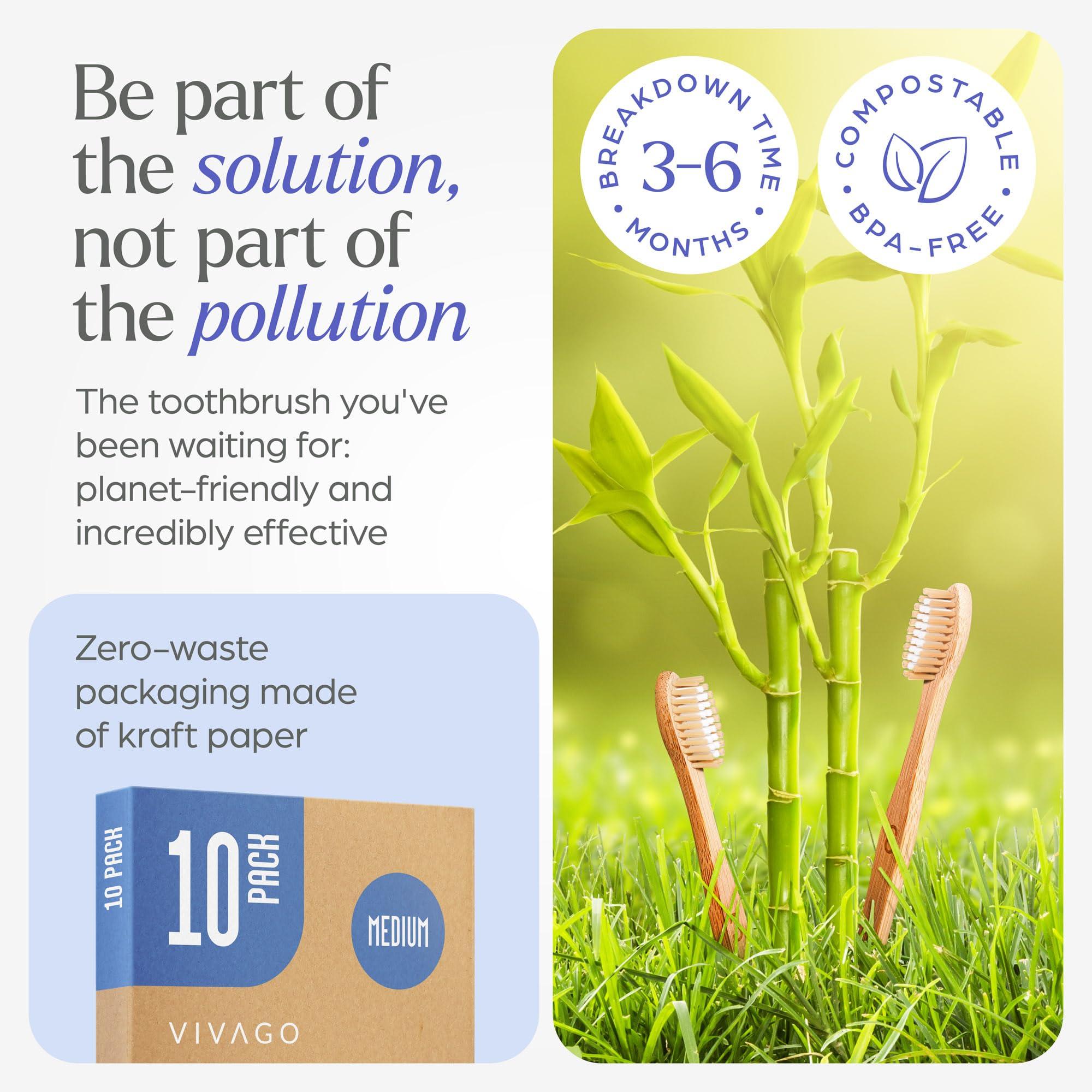 VIVAGO Bamboo Toothbrushes Medium Bristles 10 Pack - BPA Free Medium Bristles Toothbrushes for Adults - Eco-Friendly, Natural Wooden Toothbrush - Image 3
