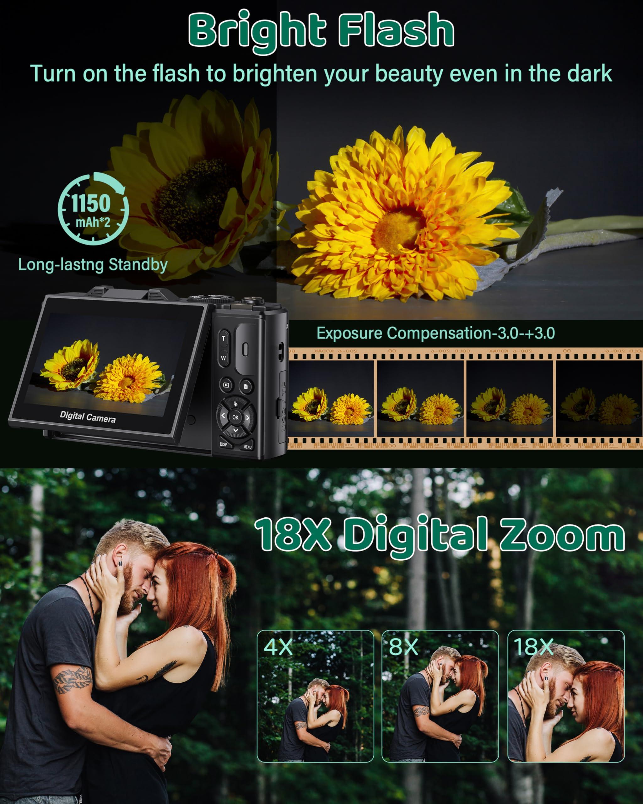 5K Digital Camera for Photography - WiFi 75MP Vlogging Cameras for YouTube - UHD Autofocus Video Camera 3" 180° Flip Screen with 18X Zoom - Compact Vlog Travel Camara with 32GB SD Card, 2 Batteries - Image 4