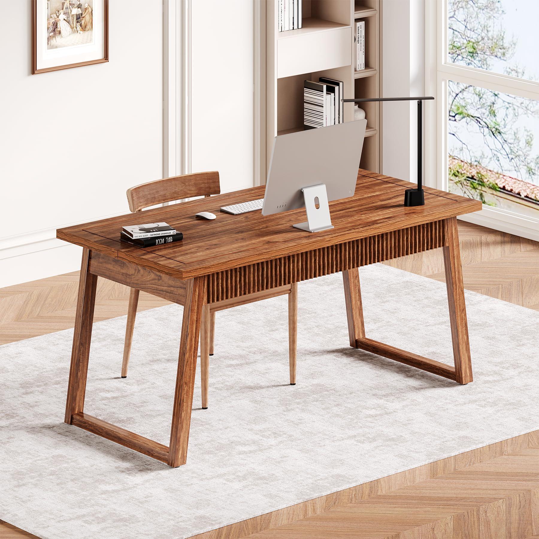 LITTLE TREE 55-Inch Home Office Desk with Drawer, Modern Minimalist Style Wooden Simple Study Writing Table, Mid-Century Log Executive Desk, Computer Desk, PC Laptop Desk Workstation, Walnut Brown - Image 2