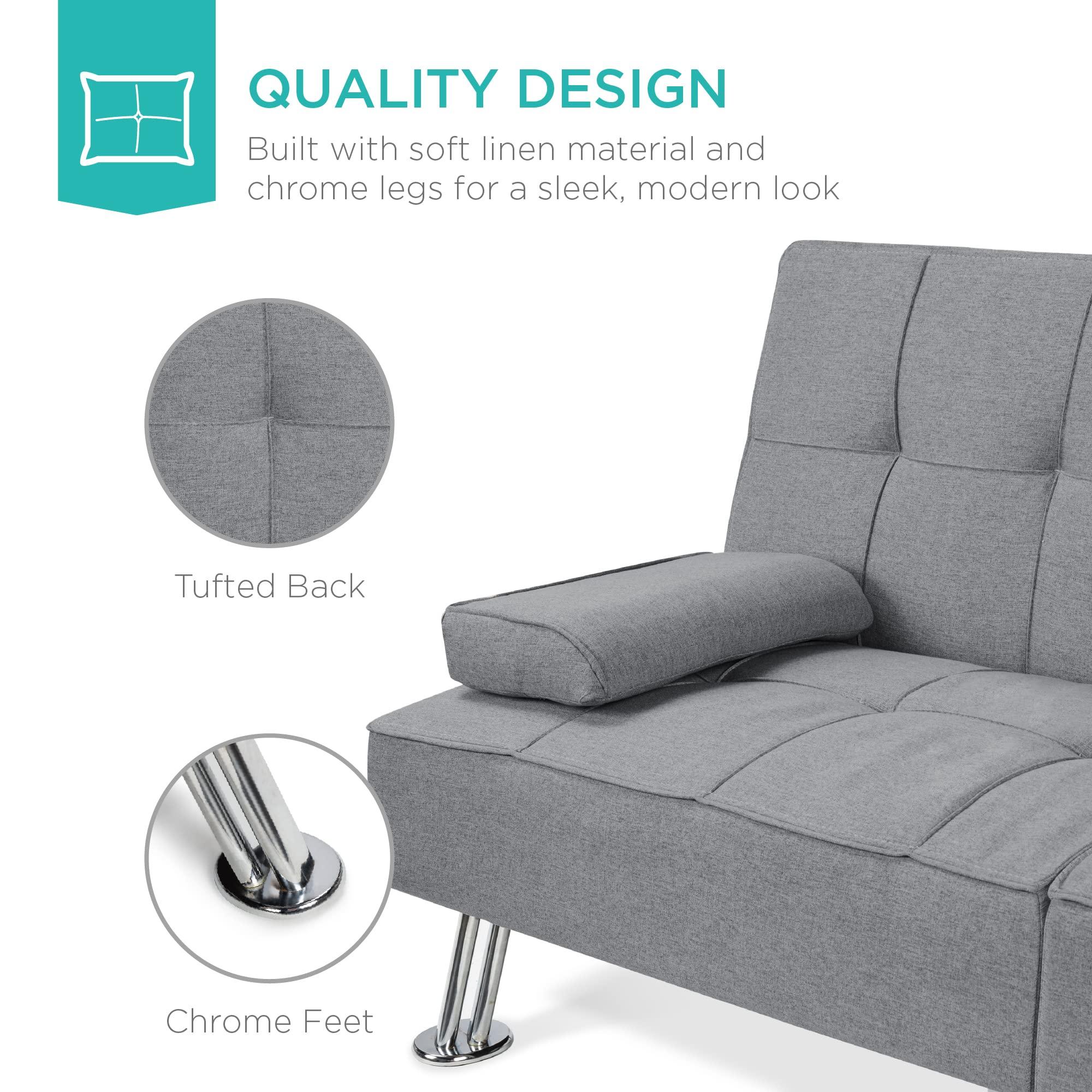 Best Choice Products Linen Modern Folding Futon, Reclining Sofa Bed for Apartment, Dorm w/Removable Armrests, 2 Cupholders - Gray - Image 7