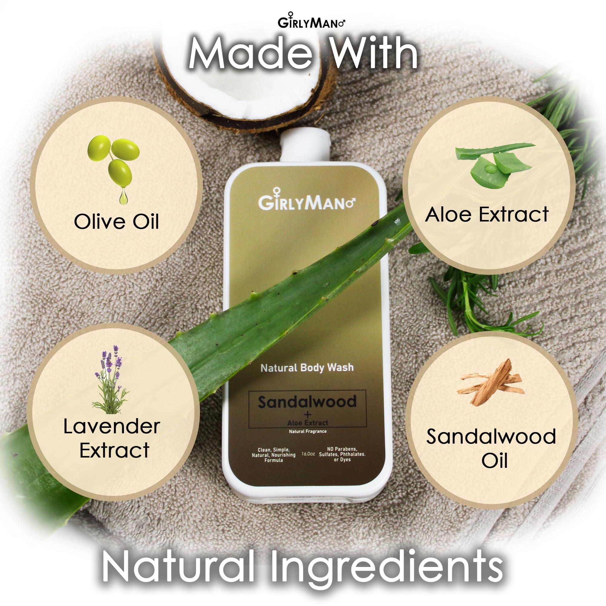 GirlyMan Natural Body Wash - Made with Olive Oil & Aloe Extract, No Artificial Fragrance, PH Balanced, Gentle Formula, Nourishing Ingredients, Family Owned (Sandalwood) - Image 3