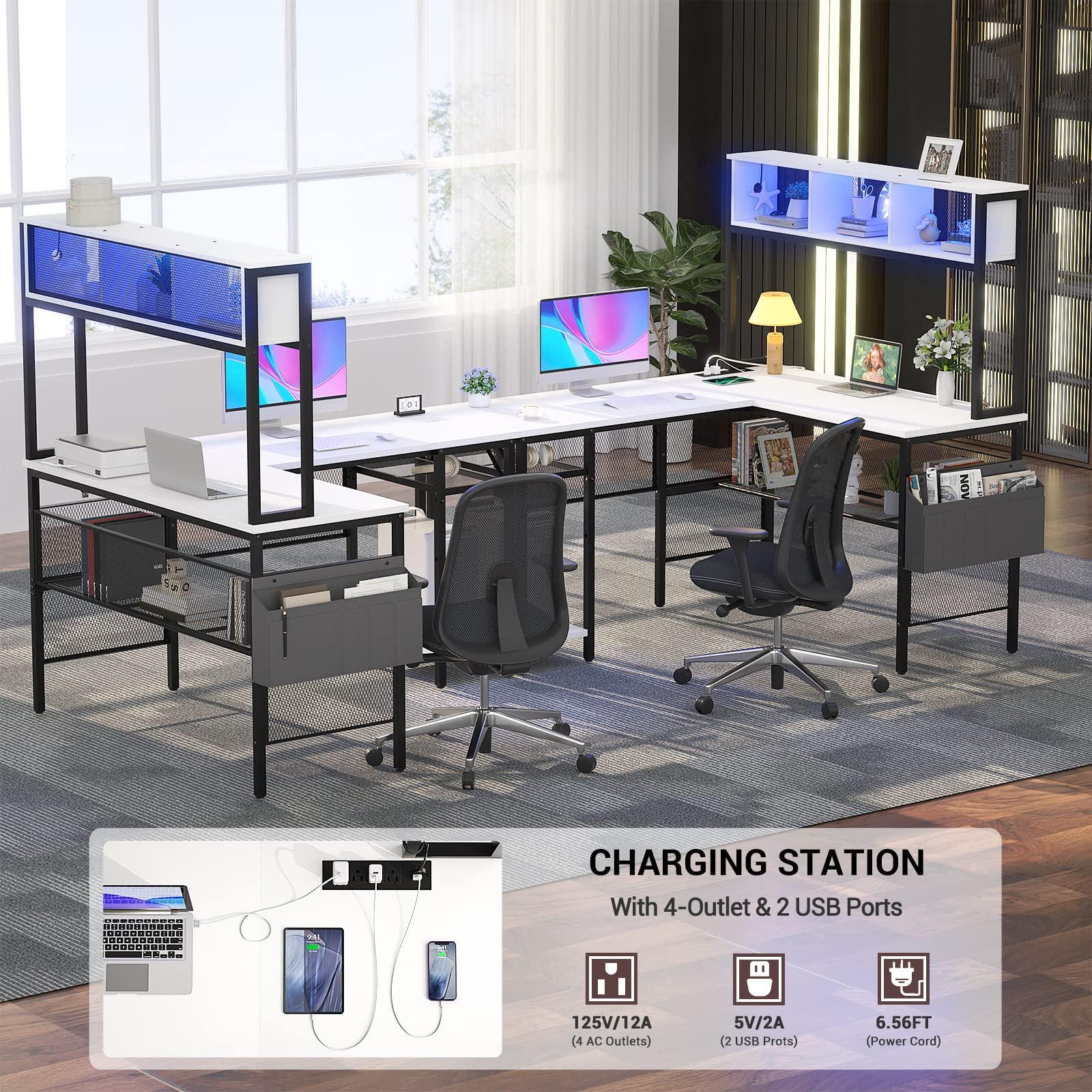 Unikito L Shaped Computer Desk with LED Strip and Power Outlets, Storage Shelves and Bag, Industrial Reversible Gaming Table Writing Corner Desk for Home Office Workstation, White - Image 7