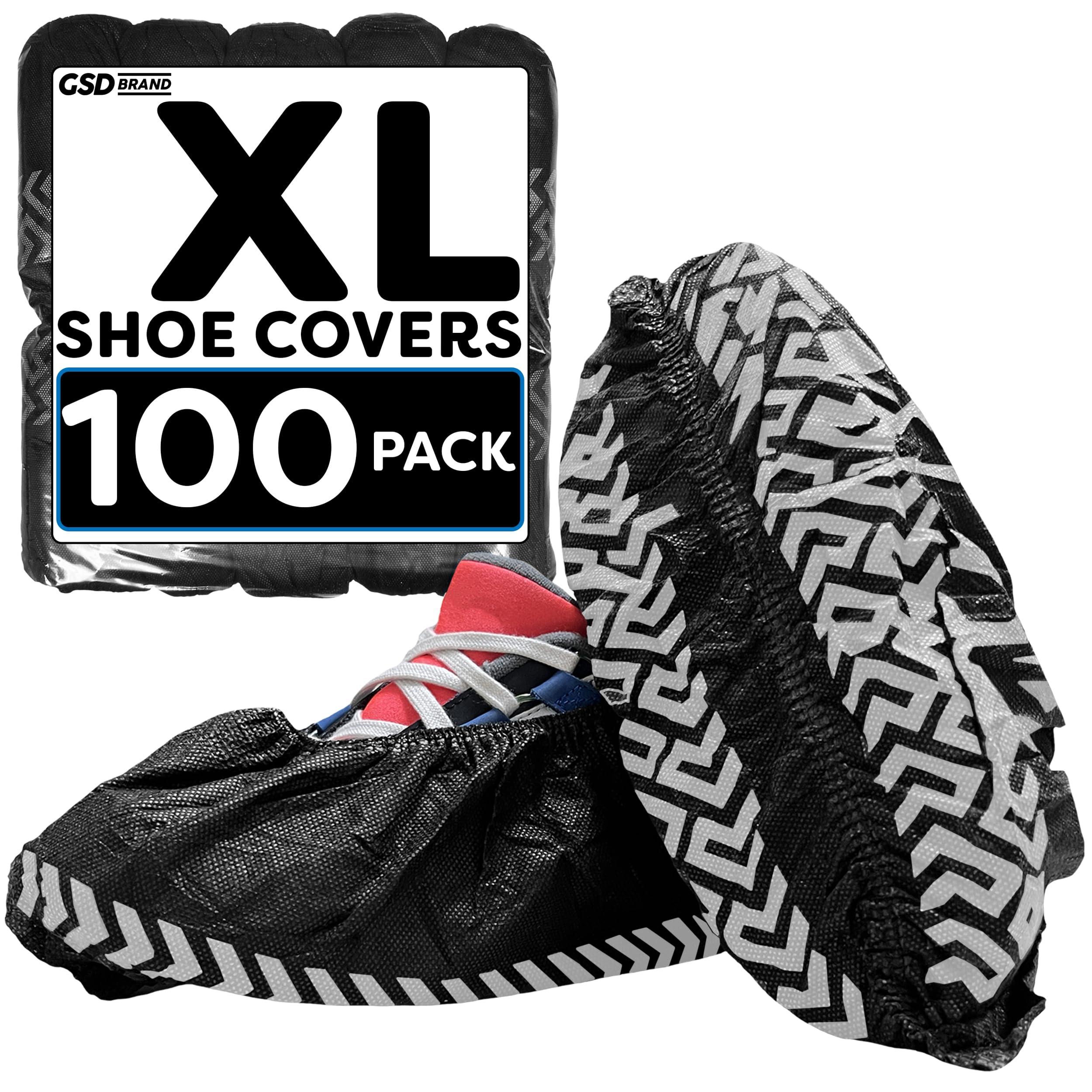 GSD Brand 100 Pack Extra Large Black Shoe Covers Disposable. Non Slip Indoor Reusable Boot Covers. Booties with Non Skid Treads. Fits US Men's Size 14 and Women's 16
