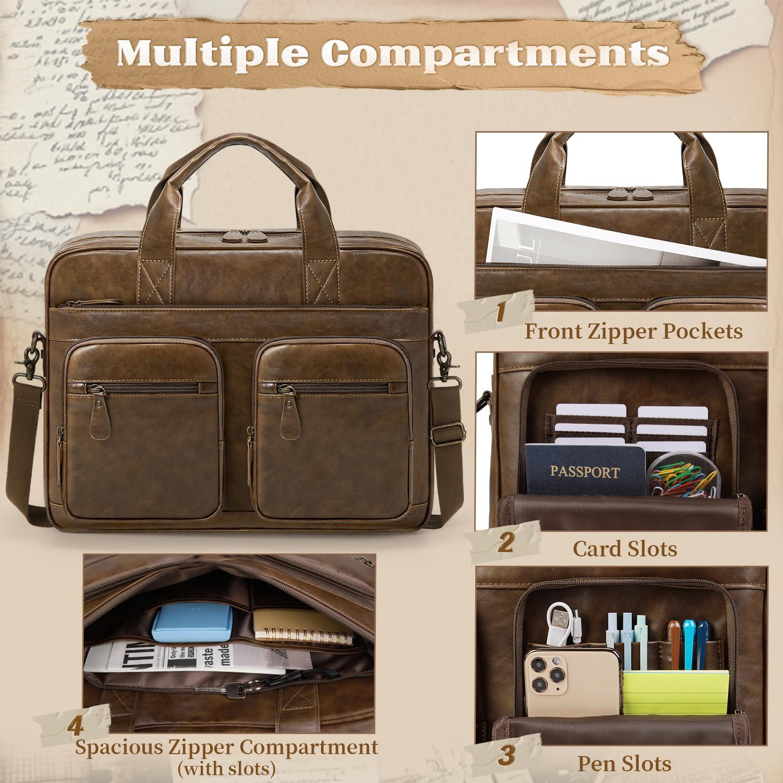 RAINSMORE Vintage Messenger Bag for Men PU Vegan Leather Computer Laptop Bag 15.6 Inch Waterproof Briefcases for Men Retro Mens Briefcase Satchel Bag for Work Office Business Travel Brown - Image 2