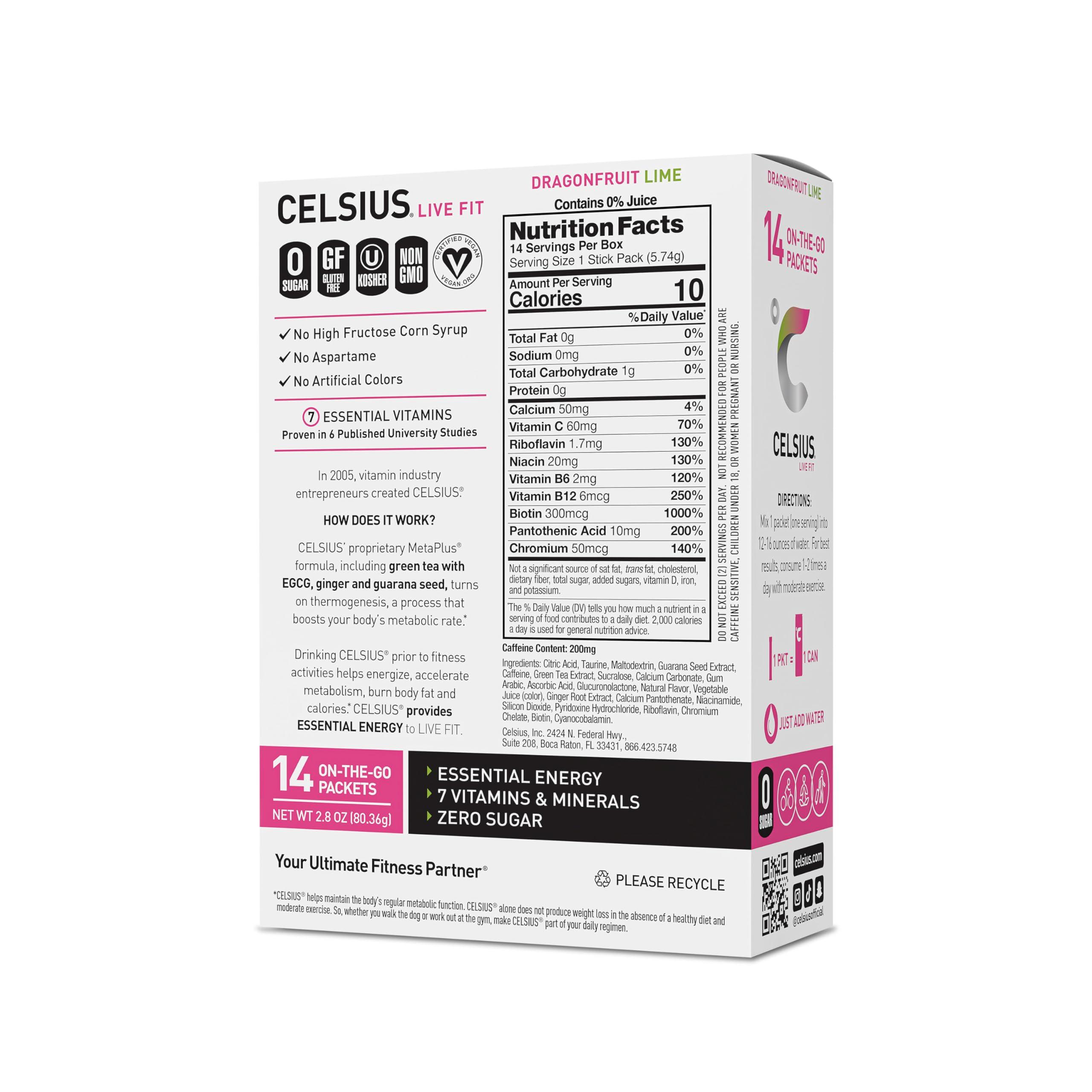 CELSIUS® On-the-Go Powder Sticks Dragonfruit Lime, Essential Energy 2.8 Oz (14 Sticks per Pack) - Image 2