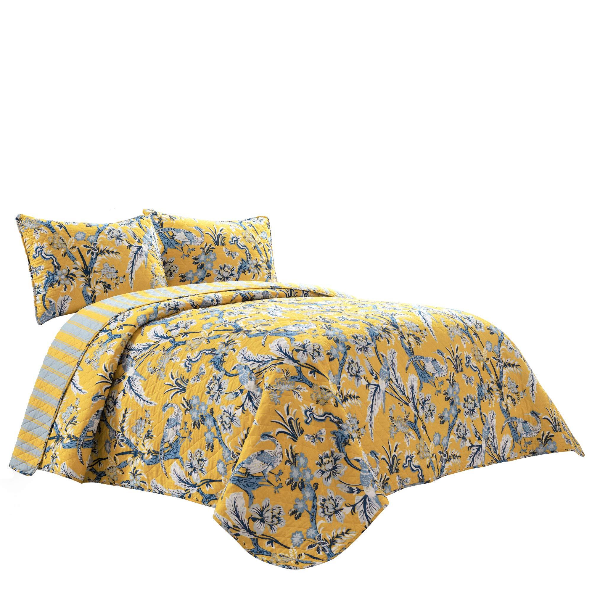 Lush Decor Dolores Reversible Cotton Quilt Set, 3 Piece Set, Full/ Queen, Yellow & Blue - Toile Bedding Set - Floral & Bird Quilt - Cottage, Maximalist & French Country Bedroom Decor - Image 10