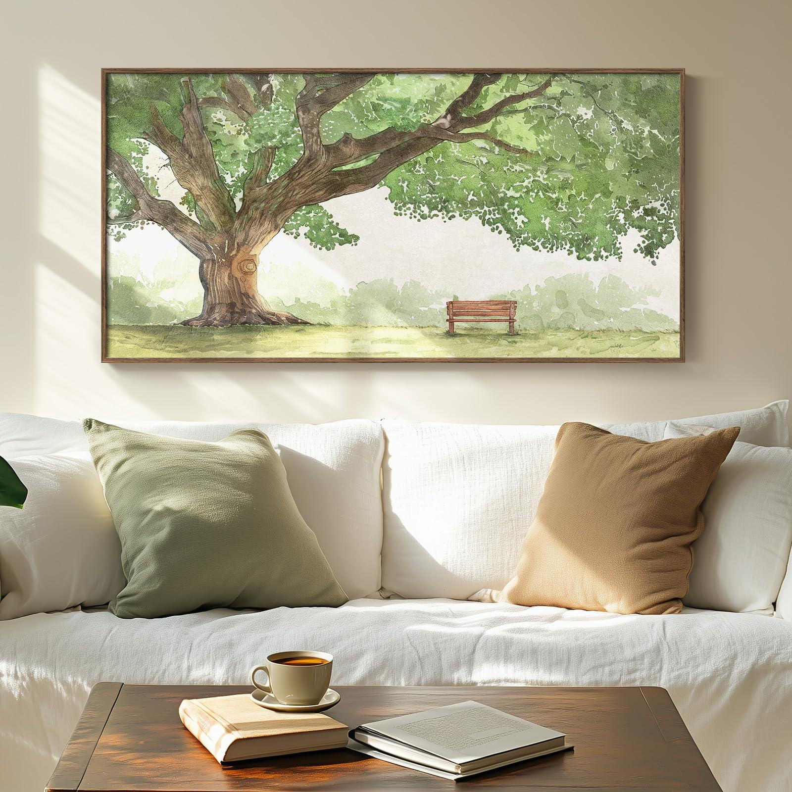 Framed Landscape Canvas Wall Art for Living Room - Contemporary Large Tree Shade Sage Green Painting with Park Bench, Nature Artwork Prints for Bedroom Office Nursery Hallway Wall Decor, 20x40 Inch - Image 2