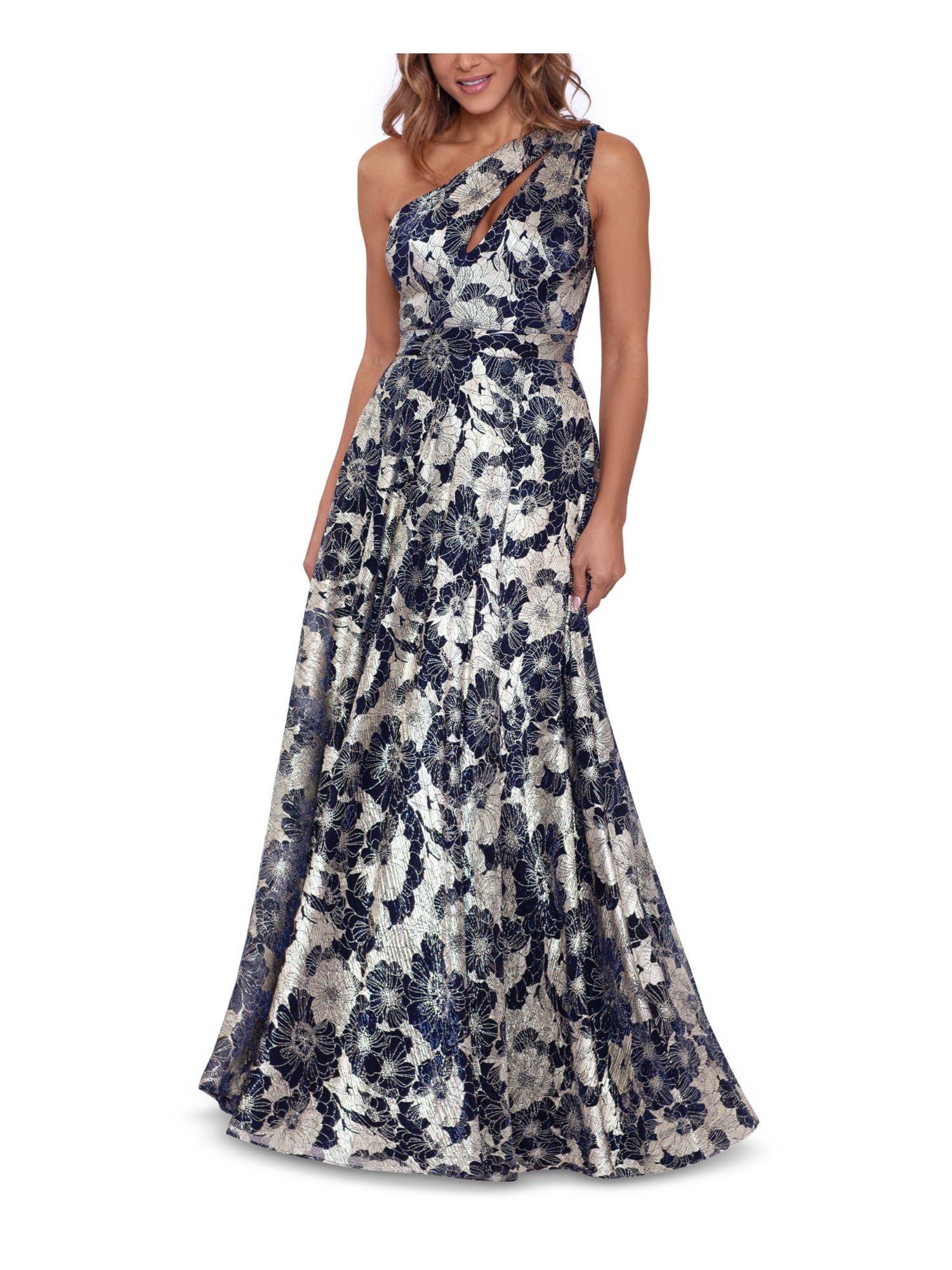Betsy & Adam Women's Long Sleeveless One Shoulder Metallic Print Gown