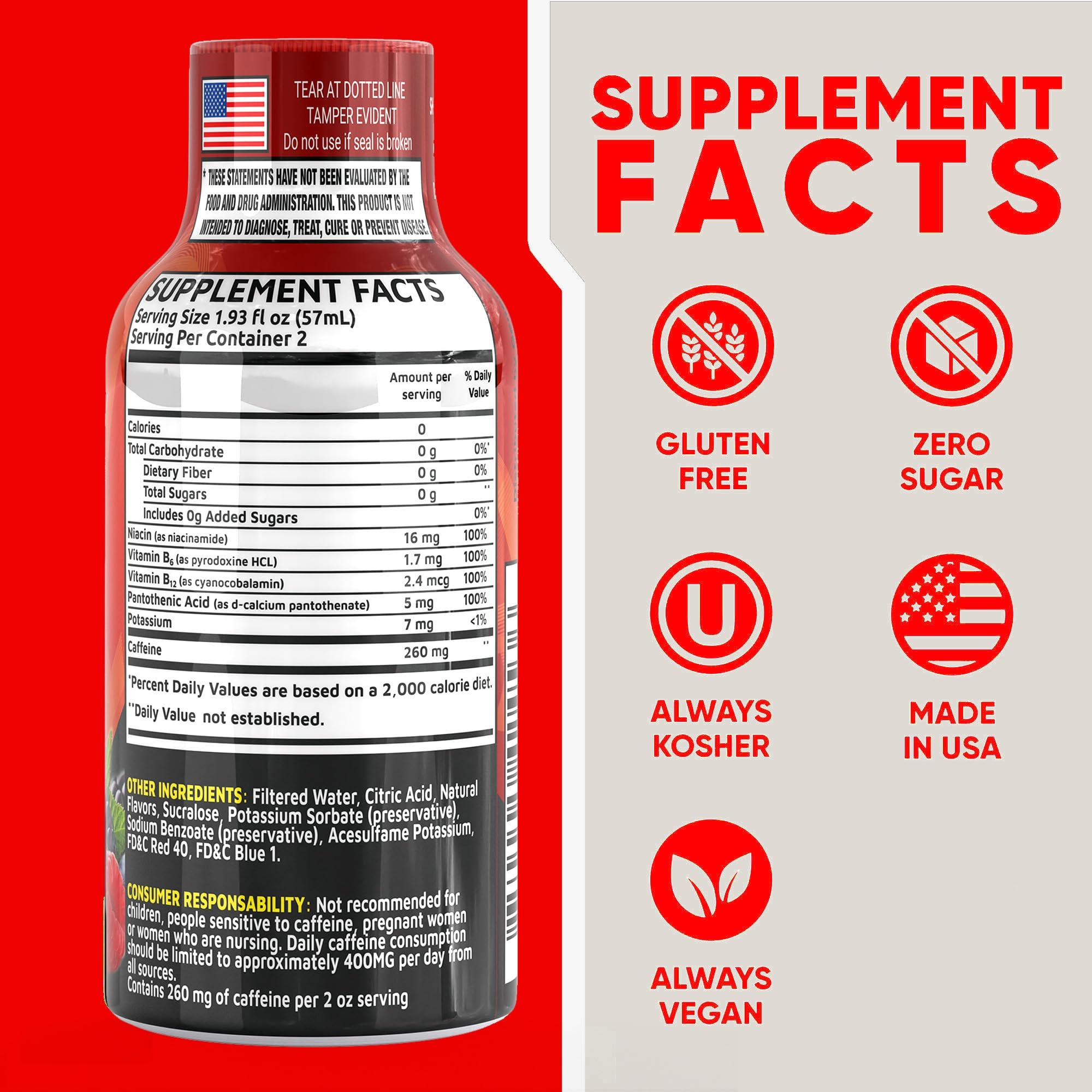 Extra Strength Energy Shot – Fruit Punch – 260mg Caffeine with B12, B6, Niacin & Electrolytes – 2 Servings – All-Day Energy & Focus Support – Sugar-Free, Zero Calories – Vegan – 1.97 fl oz (56 ml) (1.97 fl oz (56 ml) (Pack of 12), Fruit Punch) - Image 2