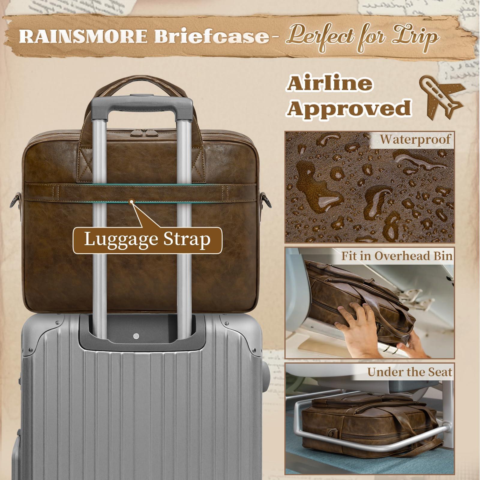 RAINSMORE Vintage Messenger Bag for Men PU Vegan Leather Computer Laptop Bag 15.6 Inch Waterproof Briefcases for Men Retro Mens Briefcase Satchel Bag for Work Office Business Travel Brown - Image 5