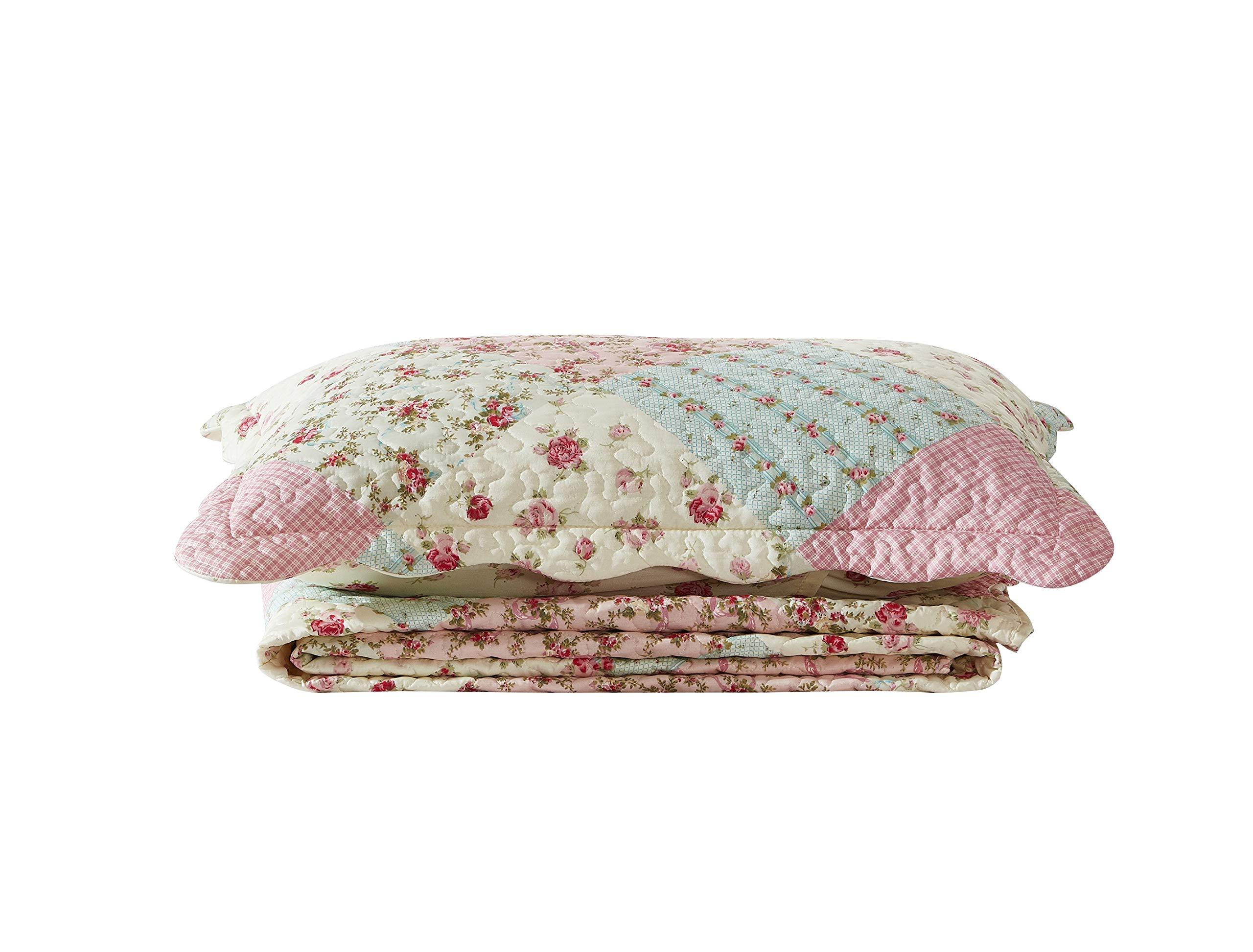 Brilliant Sunshine Roses Quilt Set, 2-Piece Bedding Sets with 1 Sham, Patchwork Design, Washable and Reversible Bedspread, Soft Lightweight Coverlet, All-Season, Twin/Twin XL, Pink Green - Image 8