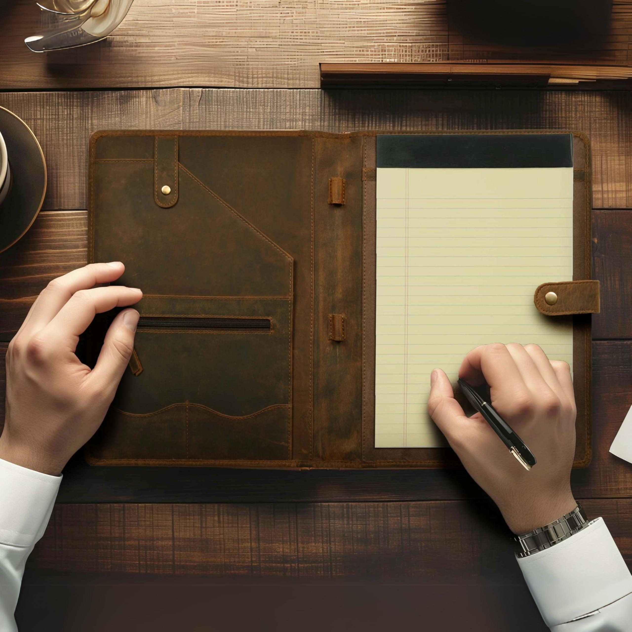 Leather Village Leather Portfolio Organizer - Professional Business Padfolio for Men & Women - Stylish Document Card Holder, Resume Folder, Folio for A4/Letter Size Writing Legal Pad, Brown - Image 2