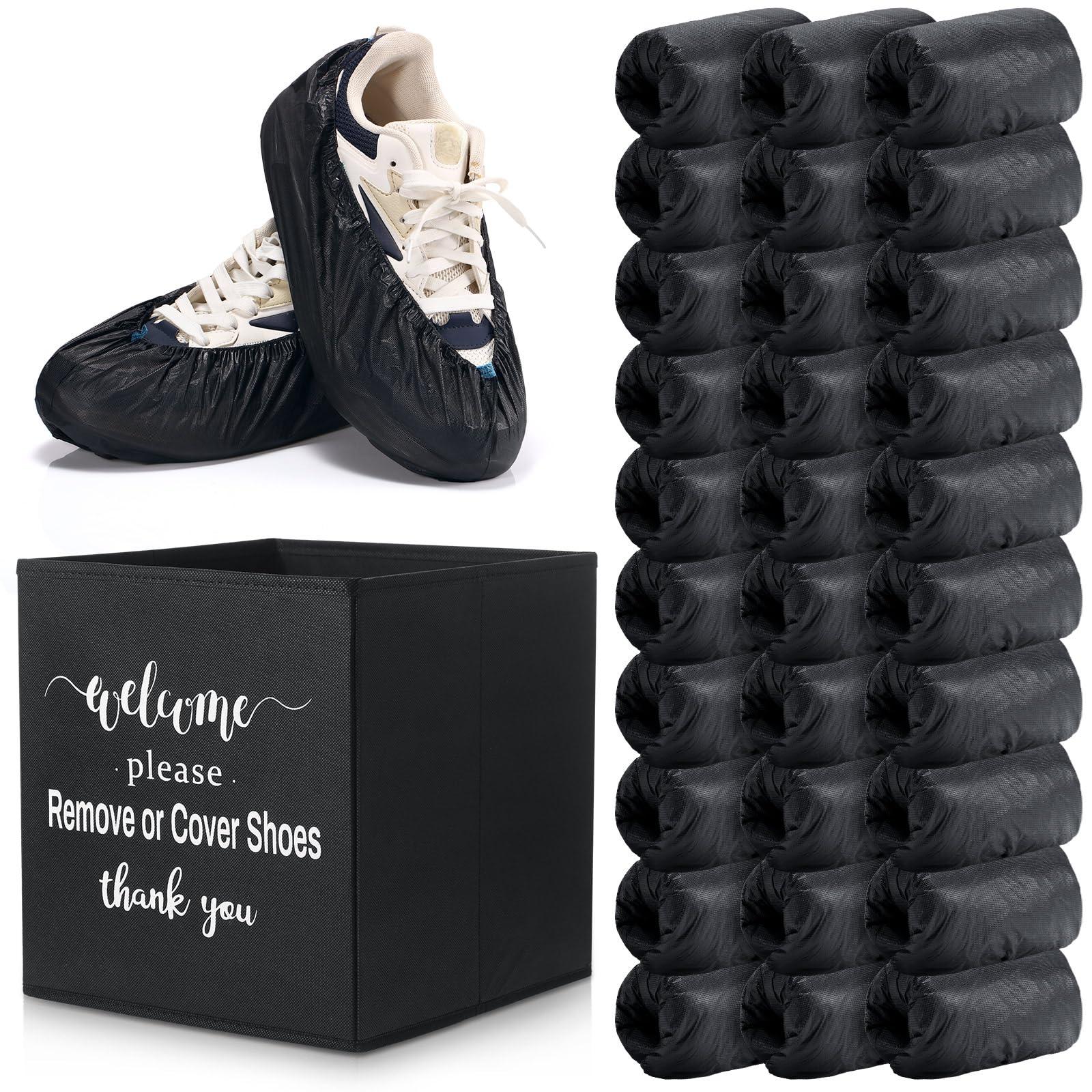 Unittype 300 Pcs Disposable Waterproof Shoe Covers with 1 Pcs Indoor Foldable Storage Bins Box Welcome Please Remove or Cover Shoes Sign for Open House Supplies(Black,5.9 x 15.7 Inches)