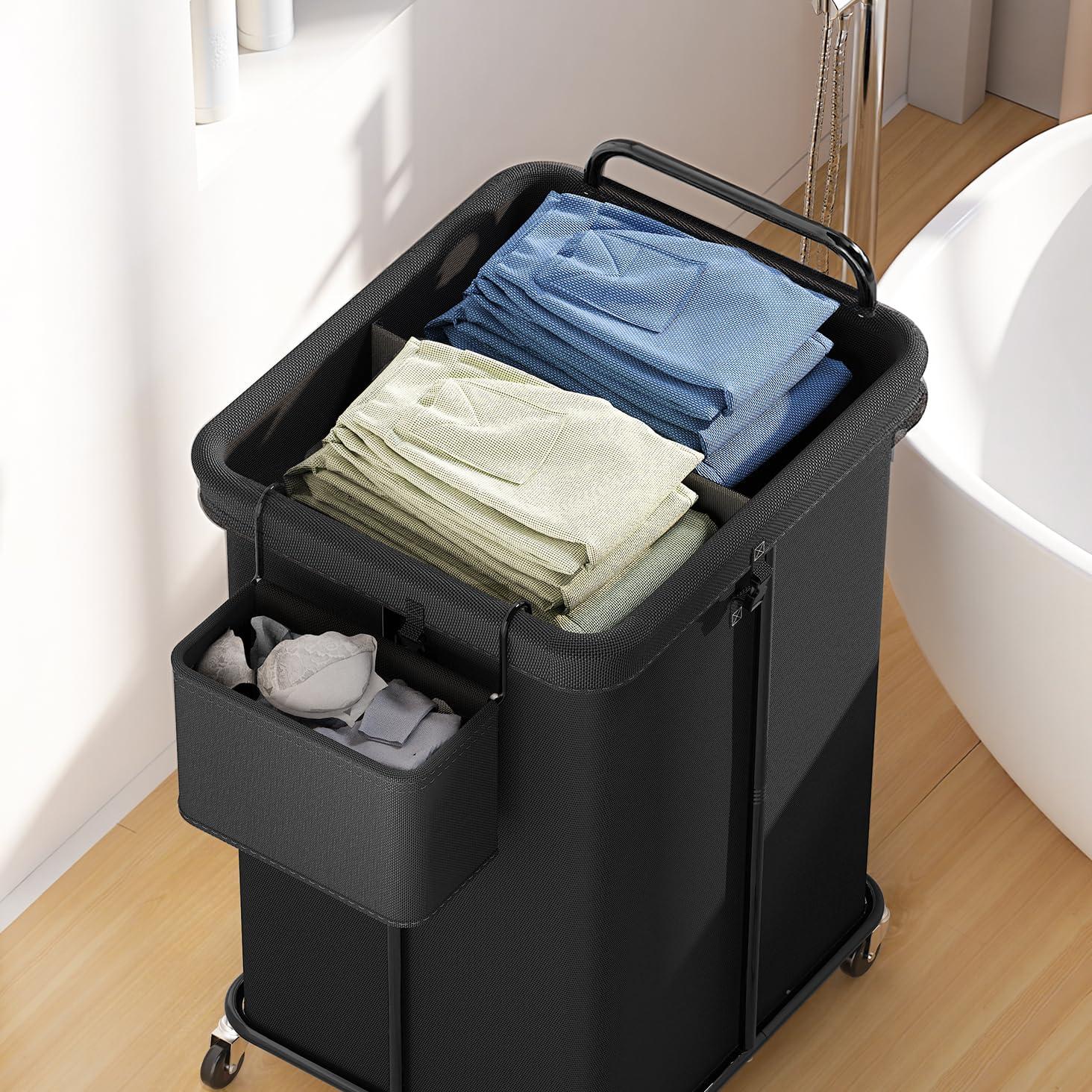 VOZZYOTO 150L Rolling Laundry Hampers on Wheels, 3 Section Laundry Basket with wheels with Side Bag for Dirty Clothes, Dorm Room Organization - Image 6