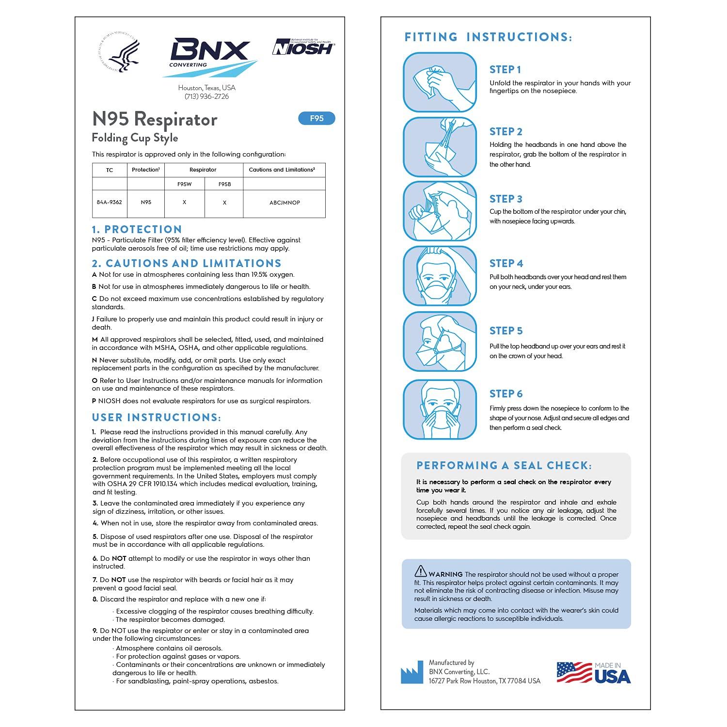 BNX N95 Mask NIOSH Certified MADE IN USA Face Mask, Tri-Fold Cup/Fish Style, 10,20,50-Pack - Black, White (Model F95B,F95W) - Image 7