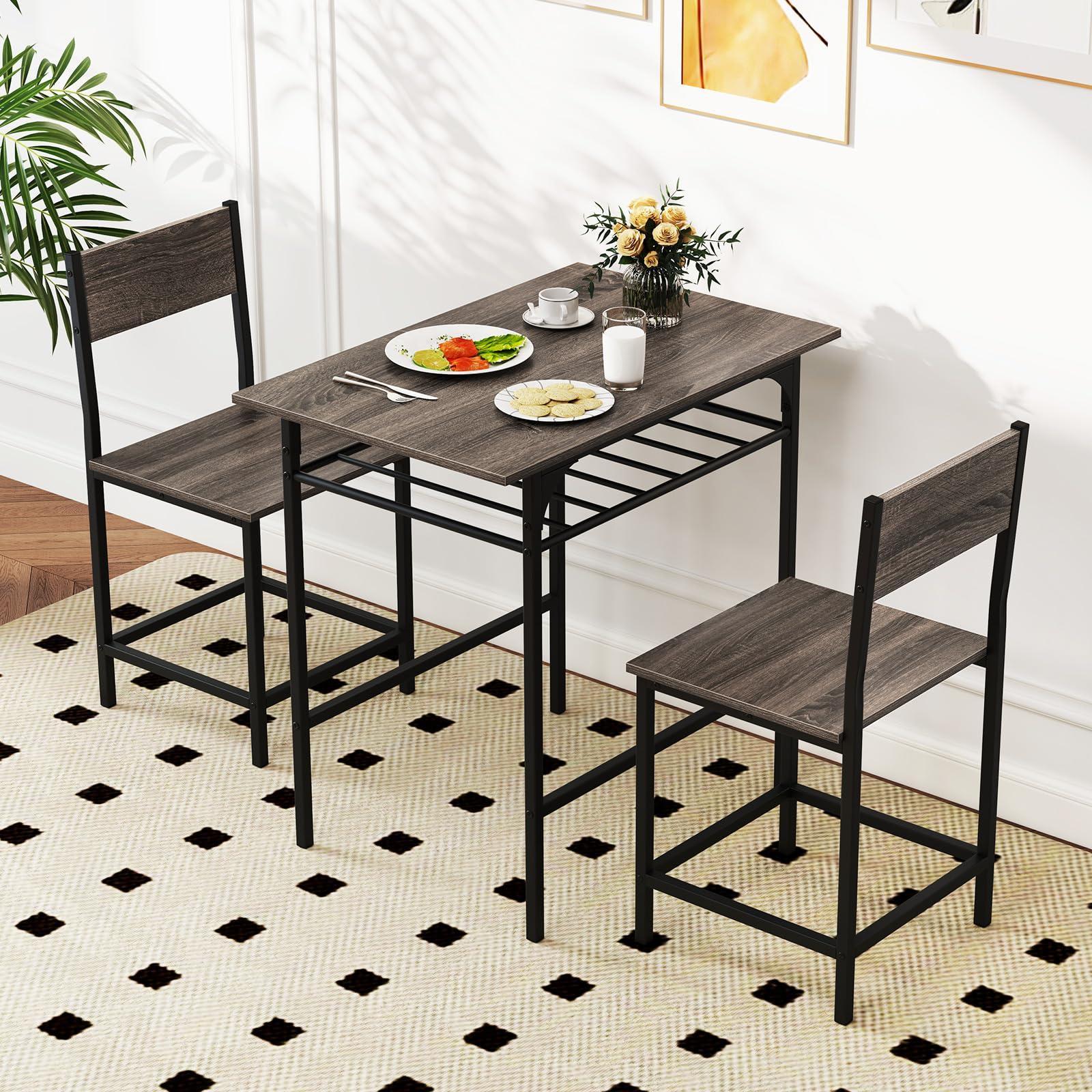 GOFLAME 3-Piece Dining Table Set for 2, Rectangular Wood Kitchen Table & Chair Set with Metal Frame, Storage Rack, Space-Saving Dinette Set for Breakfast Nook, Dining Room, Small Space, Grey