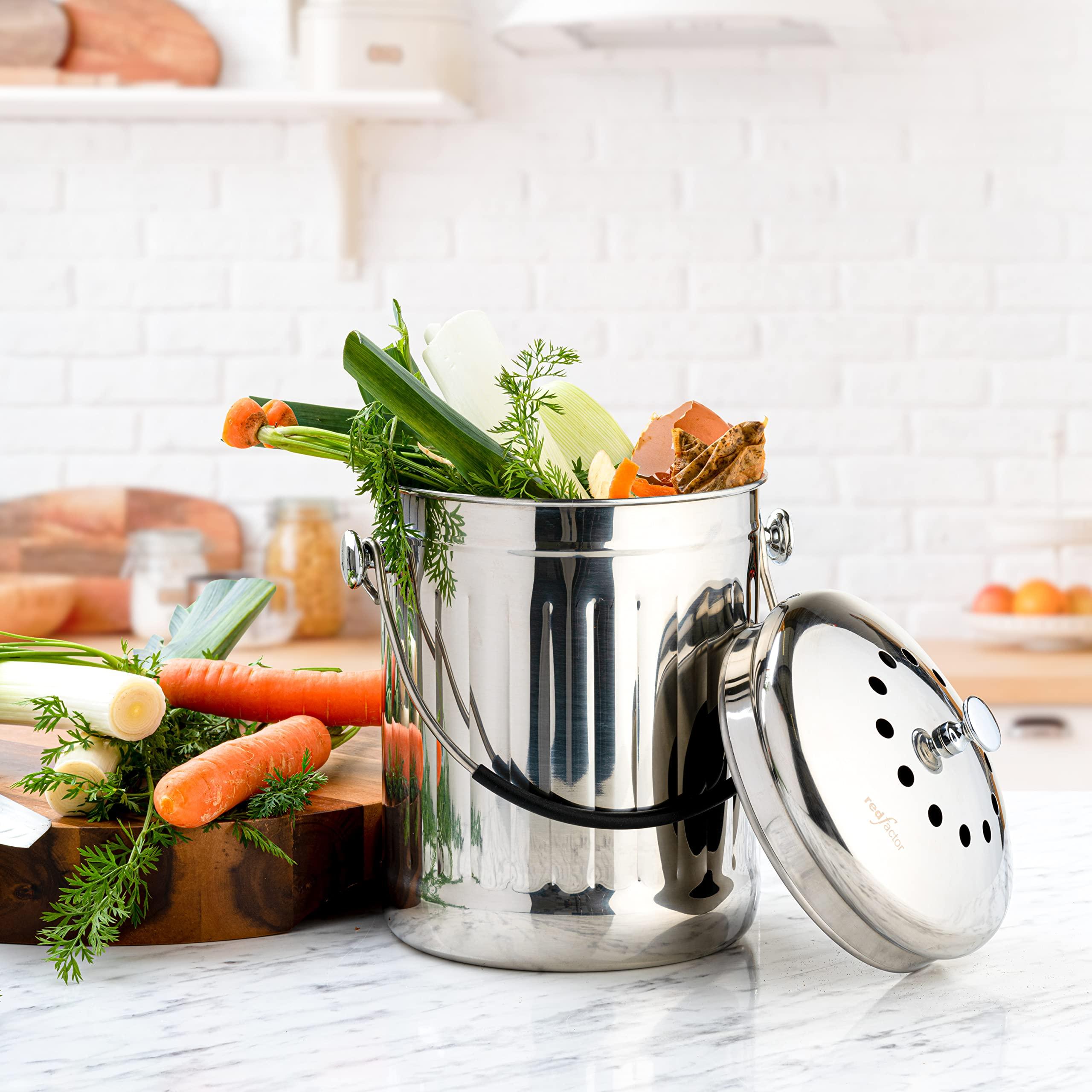 RED FACTOR Premium Compost Bin for Kitchen Countertop - Stainless Steel Food Waste Bucket with Innovative Dual Filter Technology - Includes Spare Filters (Brilliant Steel, 1.3 Gallon) - Image 4