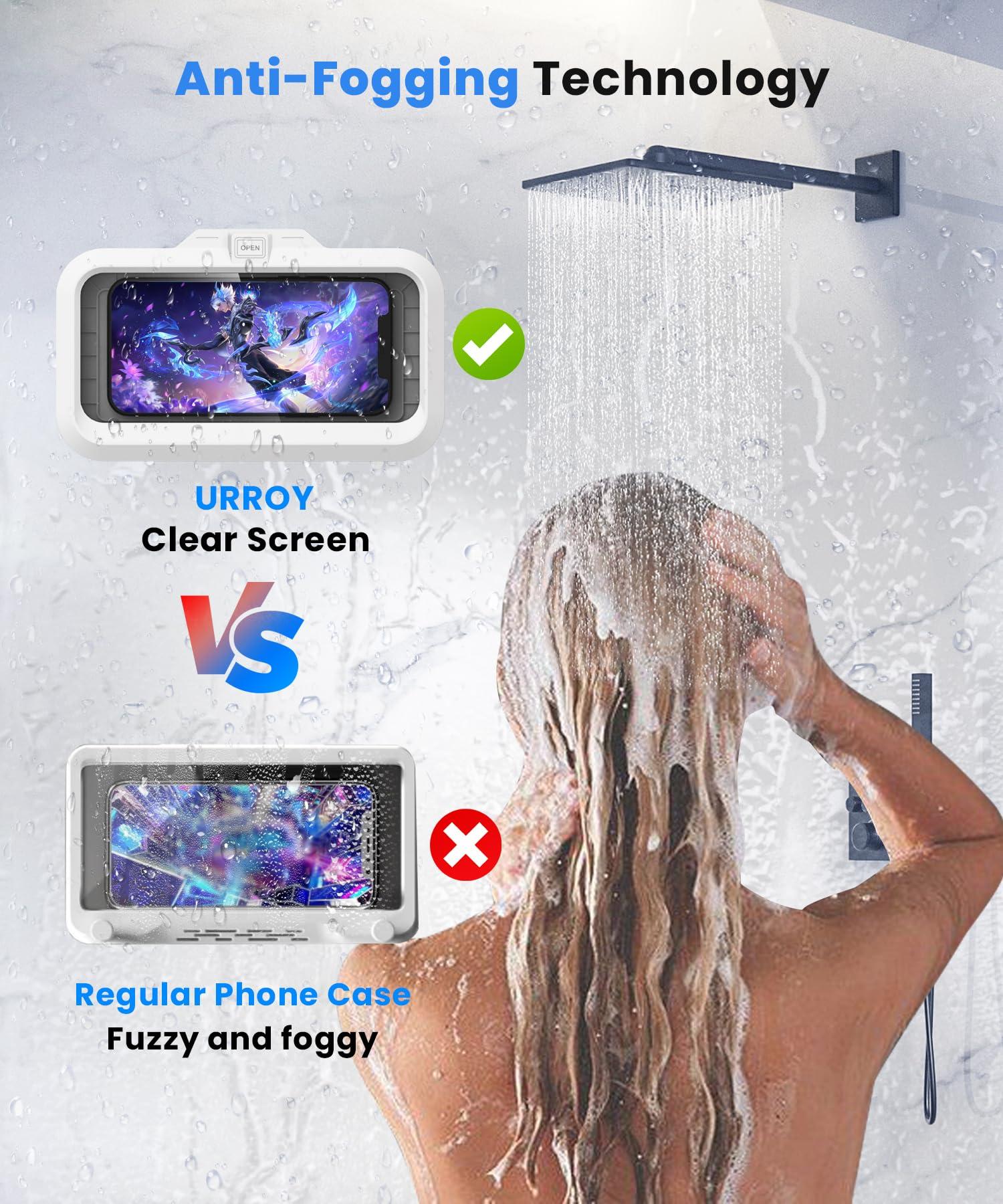 URROY Shower Phone Holder Waterproof One-Touch Open Shower Phone Case Anti-Fog & Sensitive Touchscreen Bathroom Wall Phone Mount Stand Universal Fit for iPhone & Smartphones Gift for Men Women White - Image 3