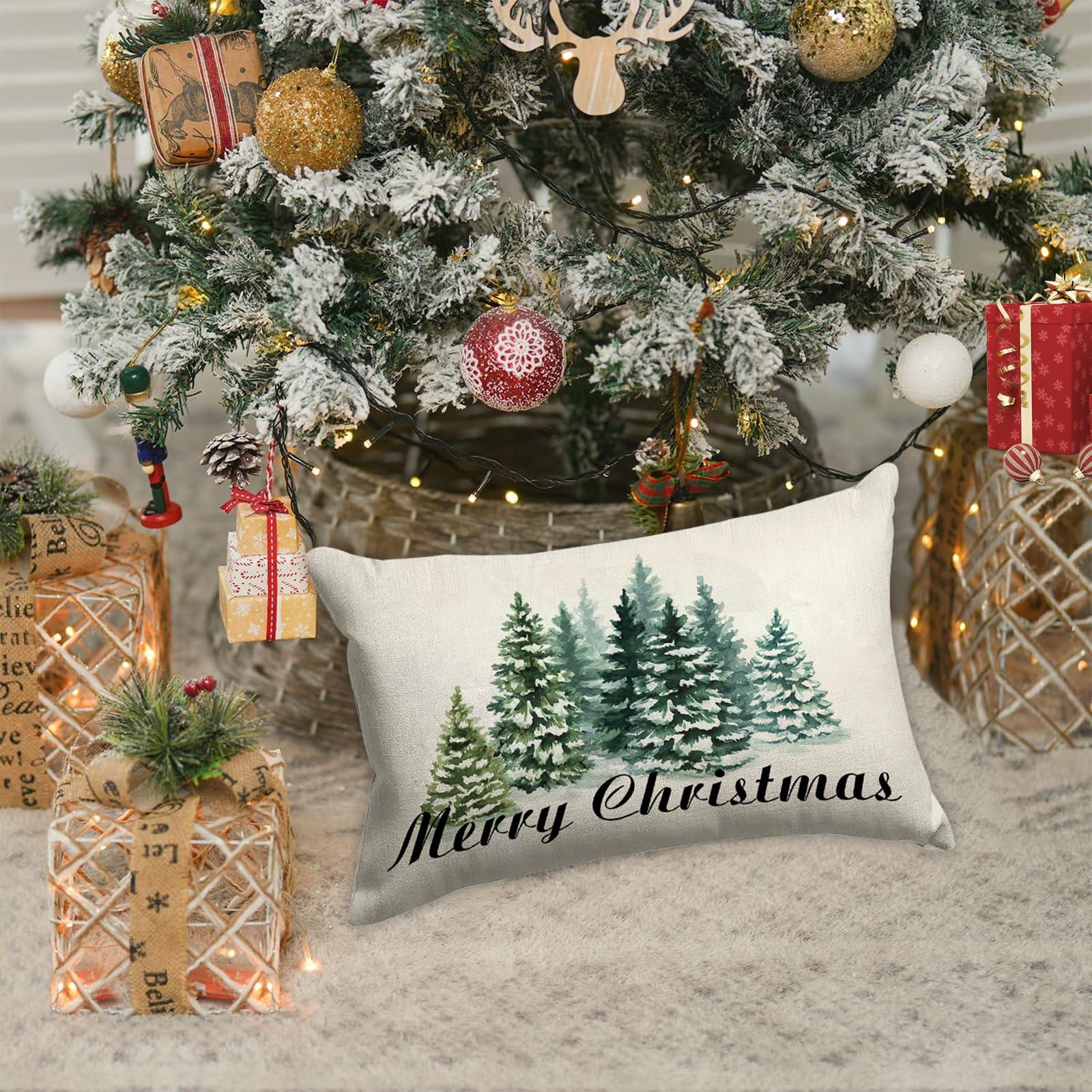 GOOESING Merry Christmas Pillow Covers 16x24 Inch Watercolor Green Christmas Tree Nature Forest Linen Decorative Throw Pillow Cover Cushion Case for Indoor Outdoor Home Sofa Bedroom Living Room - Image 6
