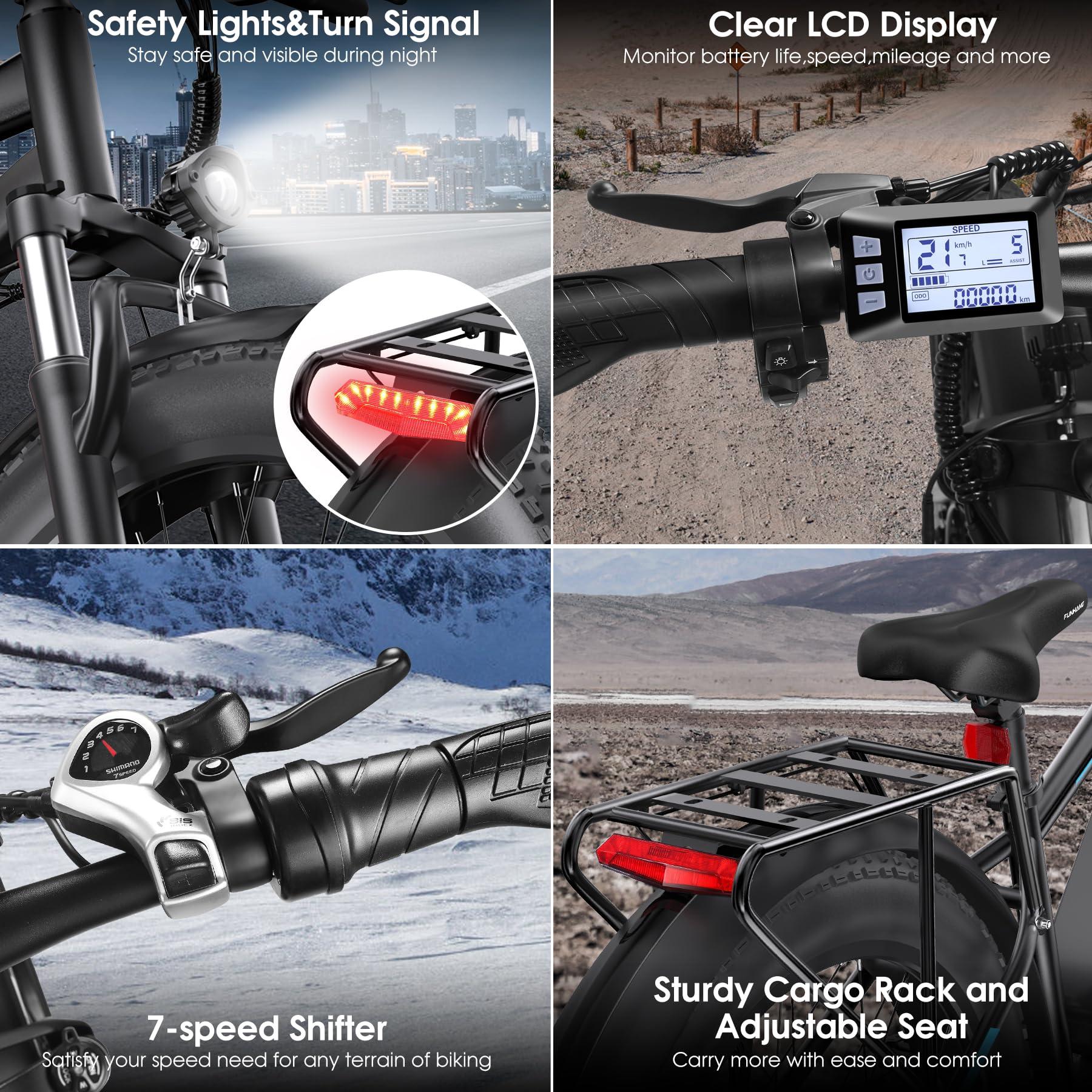 Funhang Electric Bike for Adults, Peak 1000W Ebike, 25MPH 60Miles Electric Mountain Bike, 26" Fat Tire Adult Electric Bicycle with 48V 13AH Battery, Rear Rack, 7 Speed, Front Suspension, Turn Signal - Image 5