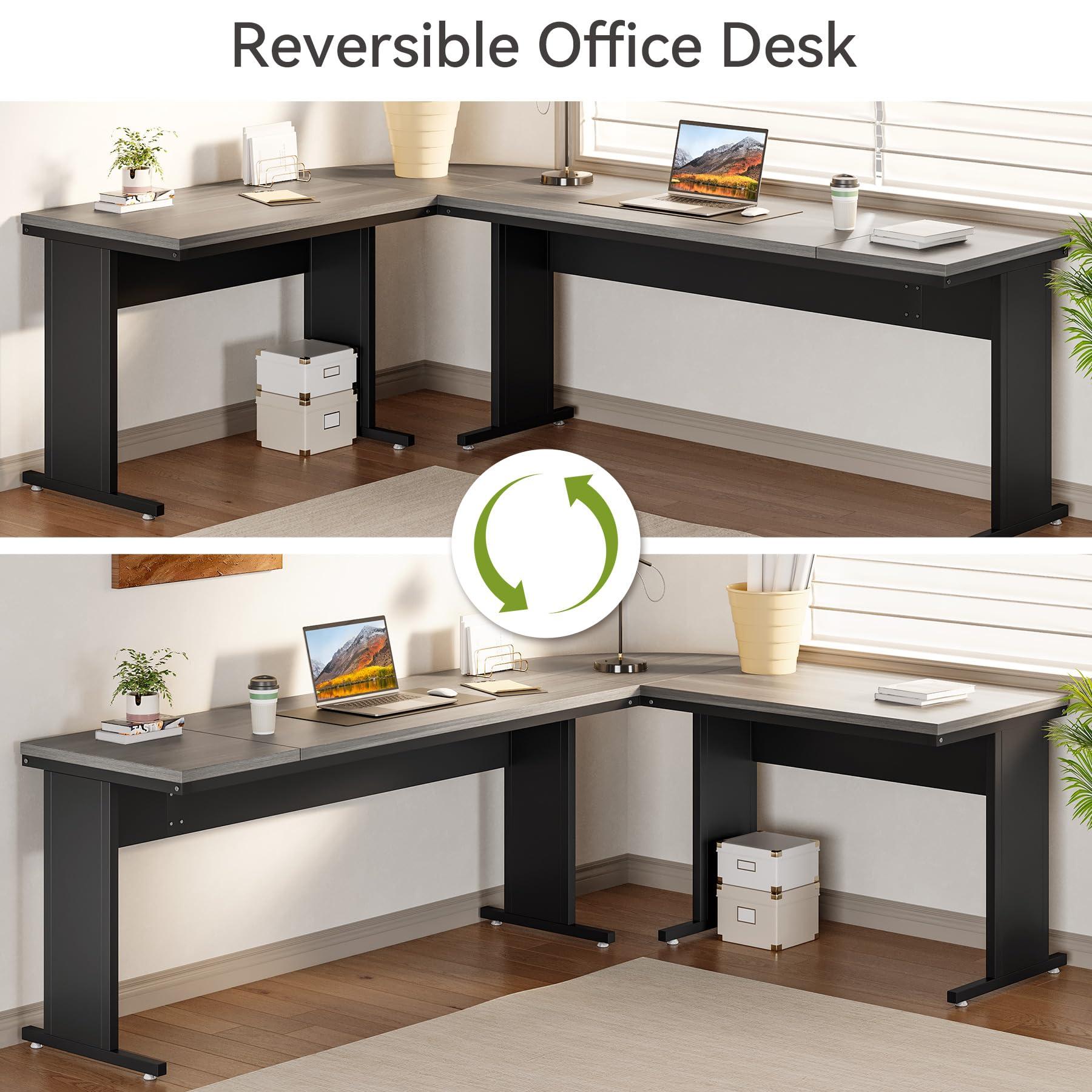 LITTLE TREE 82.67" Long Executive Desk with Drawers, Large L-Shaped Office Desk with Mobile File Cabinet, Farmhouse Computer Office Furniture Work Desk with Storage for Home Office, Gray - Image 4