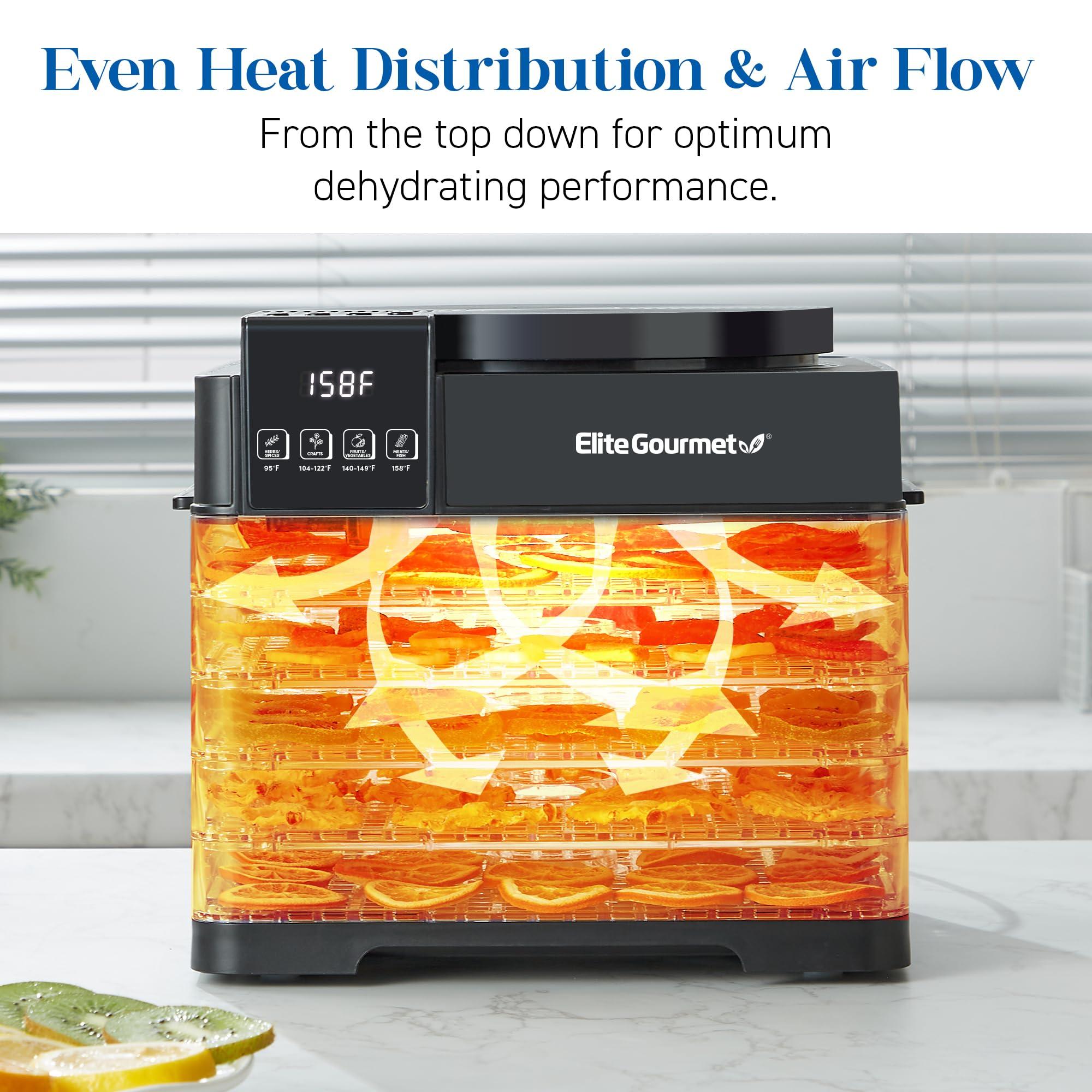 Elite Gourmet EFD422 Digital Food Dehydrator with 5 BPA Free Trays, Top Mounted Fan & Heater, Adjustable Timer and Temperature Controls, Jerky, Herbs, Fruit, Veggies, Snacks, Black - Image 6