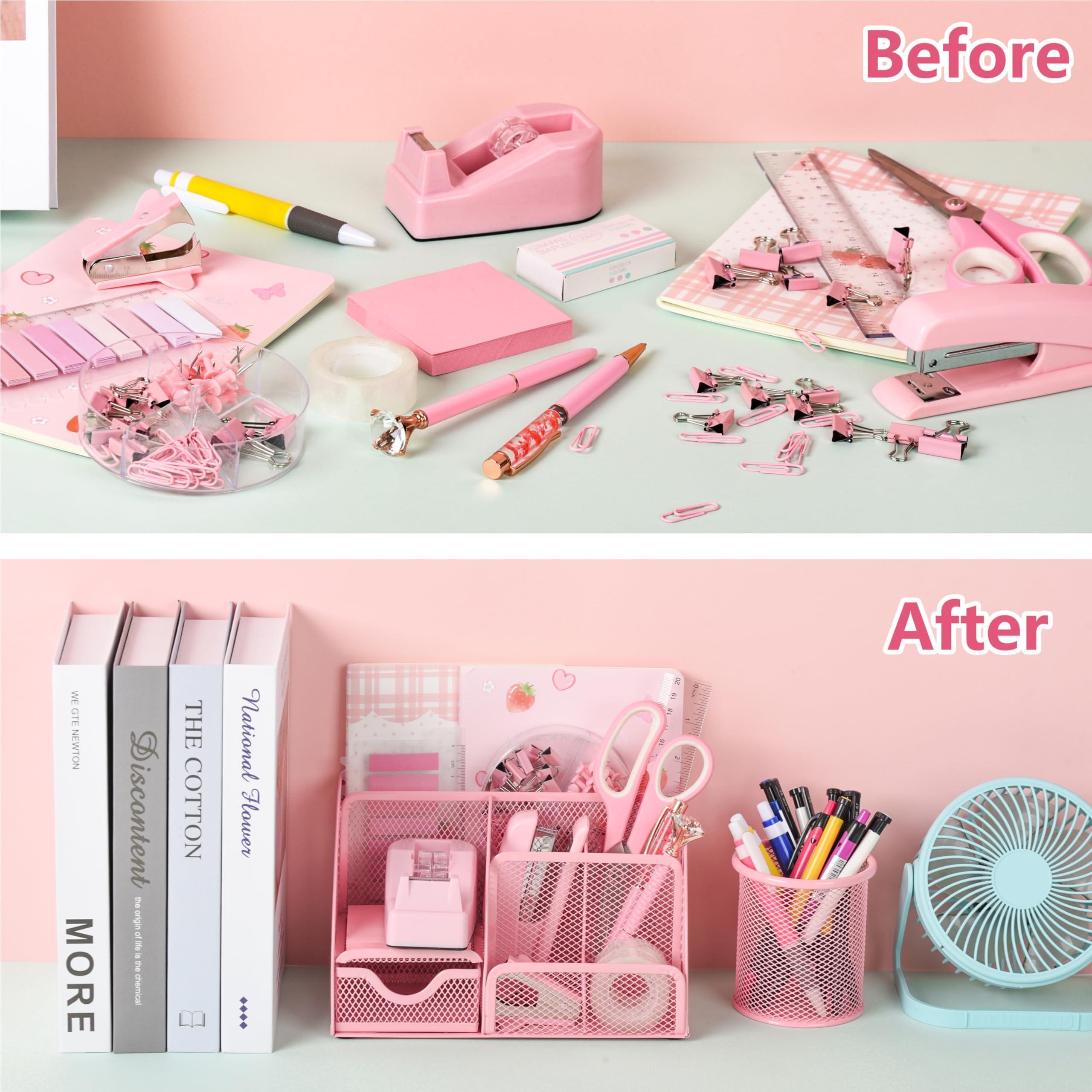 11 Pcs Pink Office Supplies Set Mesh Desk Organizer Accessories Kit Include Stapler Tape Dispenser Staple Remover Clips Ruler Scissors Sticky Notes for Office School Home Women (Pink) - Image 6