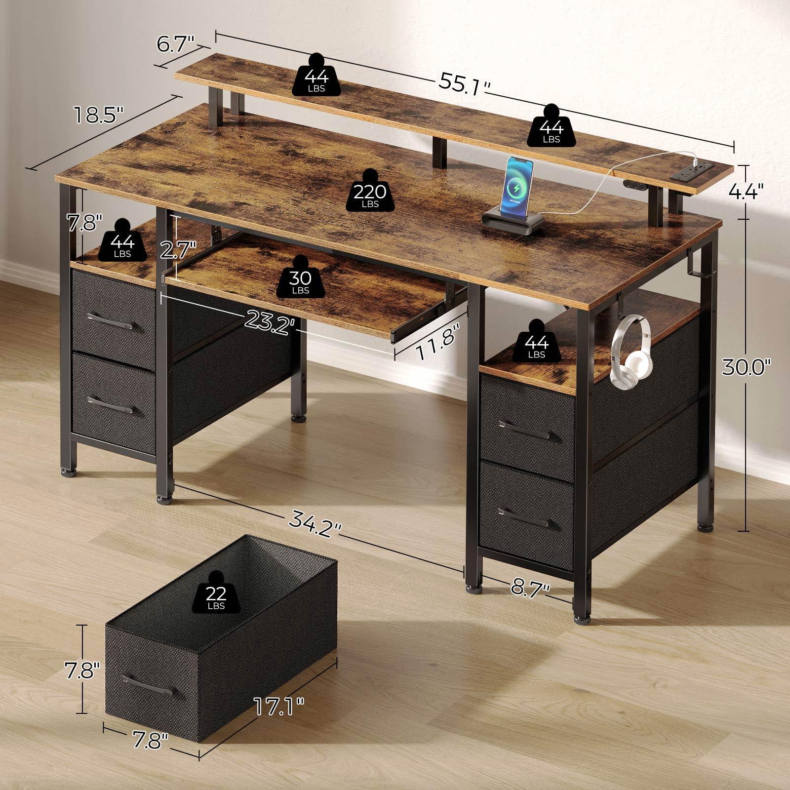 Seventable Computer Desk 55.1" with LED Lights & Power Outlets, Home Office Desk with 4 Drawers, Writing Desk with Keyboard Tray, Study Table with Monitor Stand, Work Table for Office, Rustic Brown - Image 3