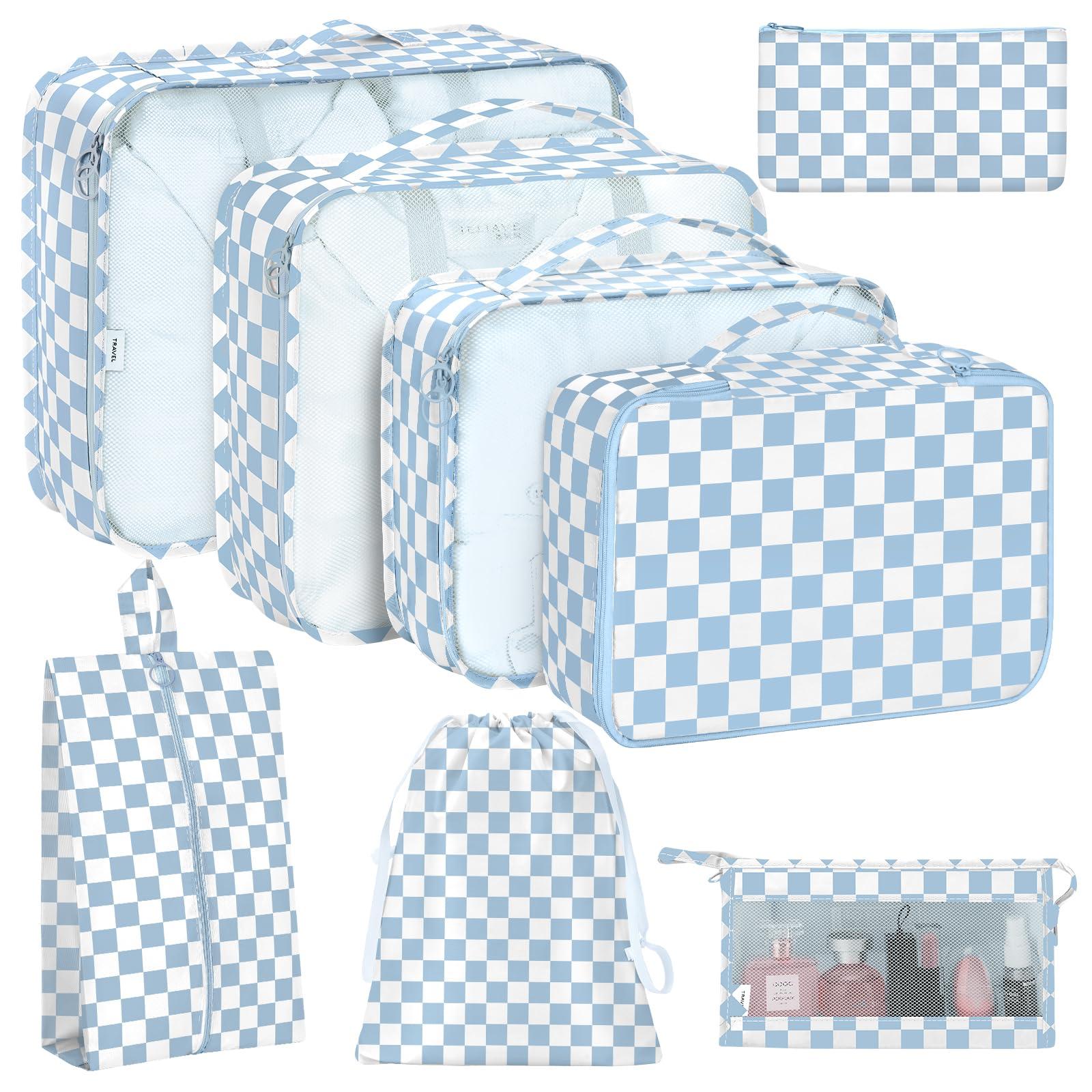 8 Set Packing Cubes for Travel, Luggage Packing Organizers Accessories Large Toiletries Bag for Clothes Shoes Cosmetics (Blue Checkered)