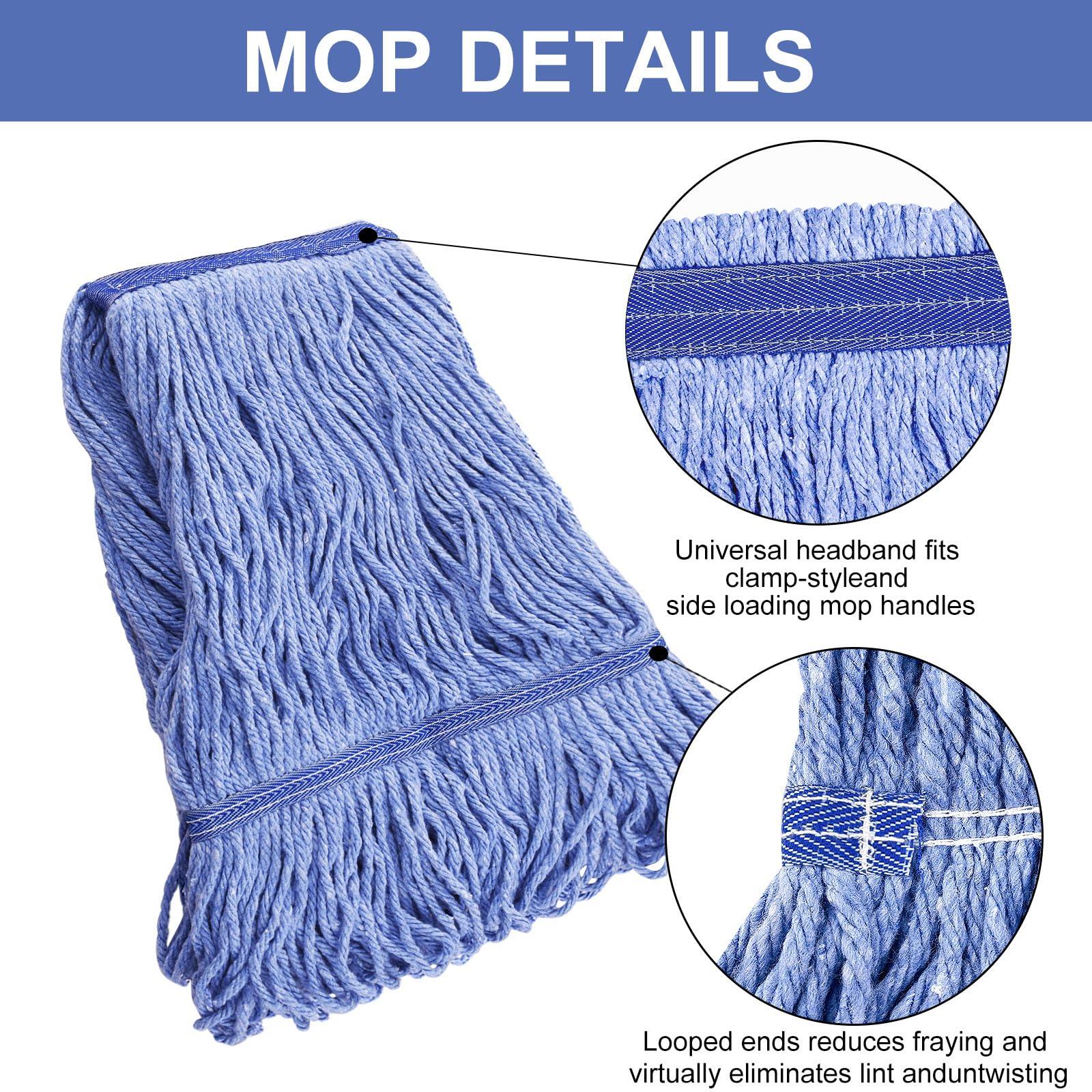 GRAREND Mop Head Replacement for Heavy Duty Commercial Mops for Floor Cleaning, Wet Industrial Blue Cotton Looped End String Head Refill (Pack of 4) - Image 4