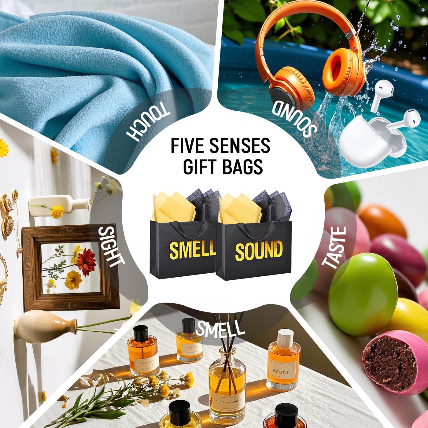 Large 5 Senses Gift Bags for Him Her, Gold Foil Sight Smell Touch Taste Sound Gift Bags,Five Senses Gift Bag for Him with Handles and Tissue Paper for Birthday, Mothers Day, Anniversary, Christmas(12.6 x 8.7 x 4 Inch) - Image 5