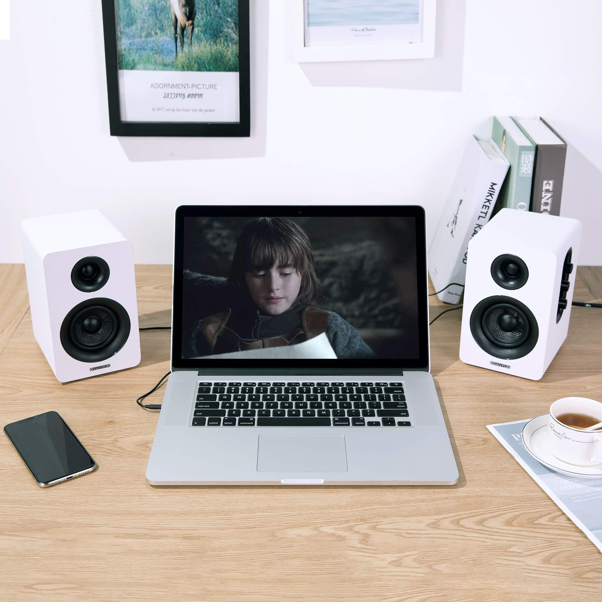 SW208 3" Active Bluetooth 5.0 Bookshelf Speakers – 60W Carbon Fiber Speaker Unit - Built-in 24bit DAC Dynamic 3D Surround Sound 2.0 Computer PC Monitor Gaming (Pair, White) - Image 5