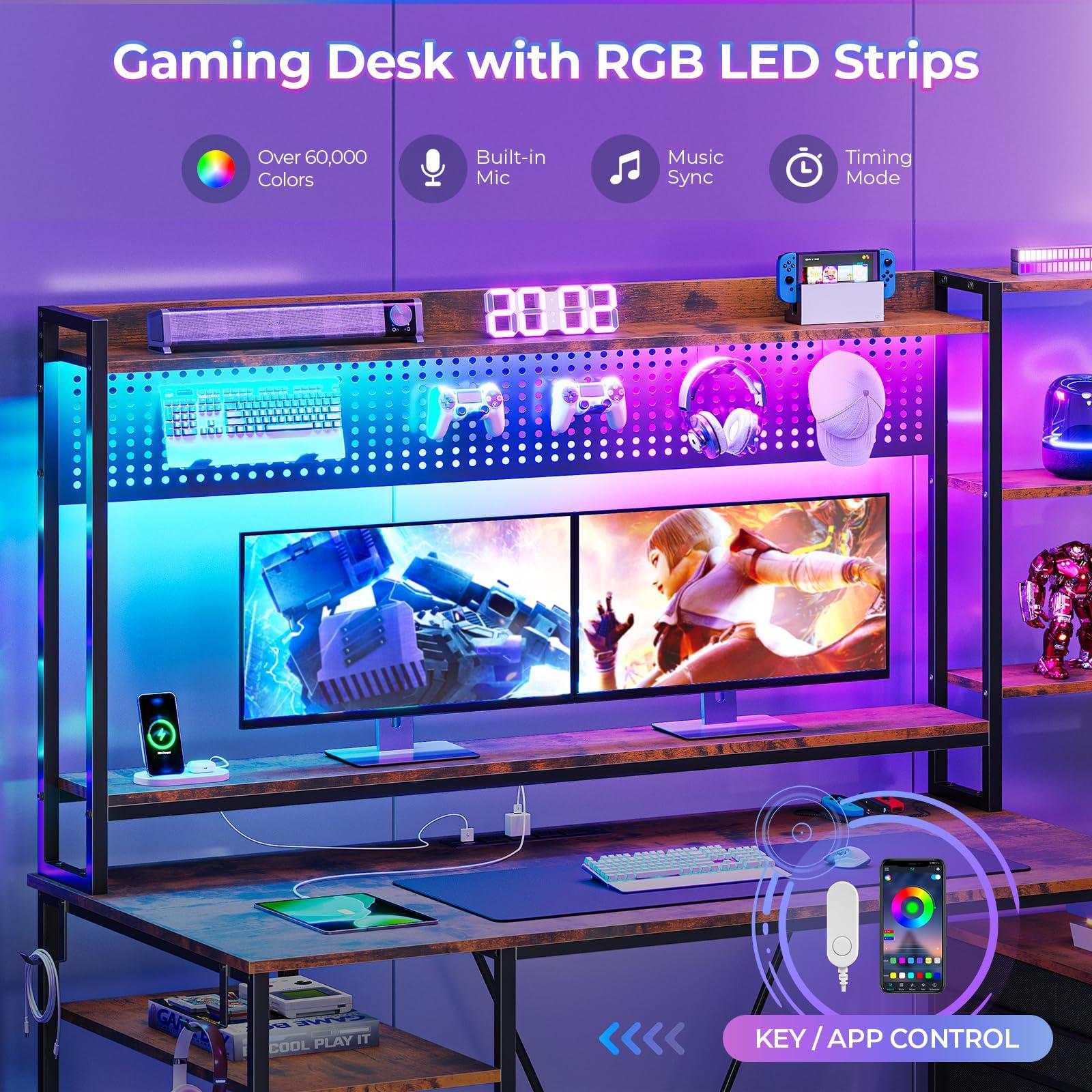 UPOSOJA Gaming Desk with Hutch, 65in Reversible Computer Desk with Power Outlets LED Light, Home Office Desk with Monitor Stand 2 Drawers 4 Storage Shelves Pegboard 8 Hooks Mouse Pad (Brown) - Image 4