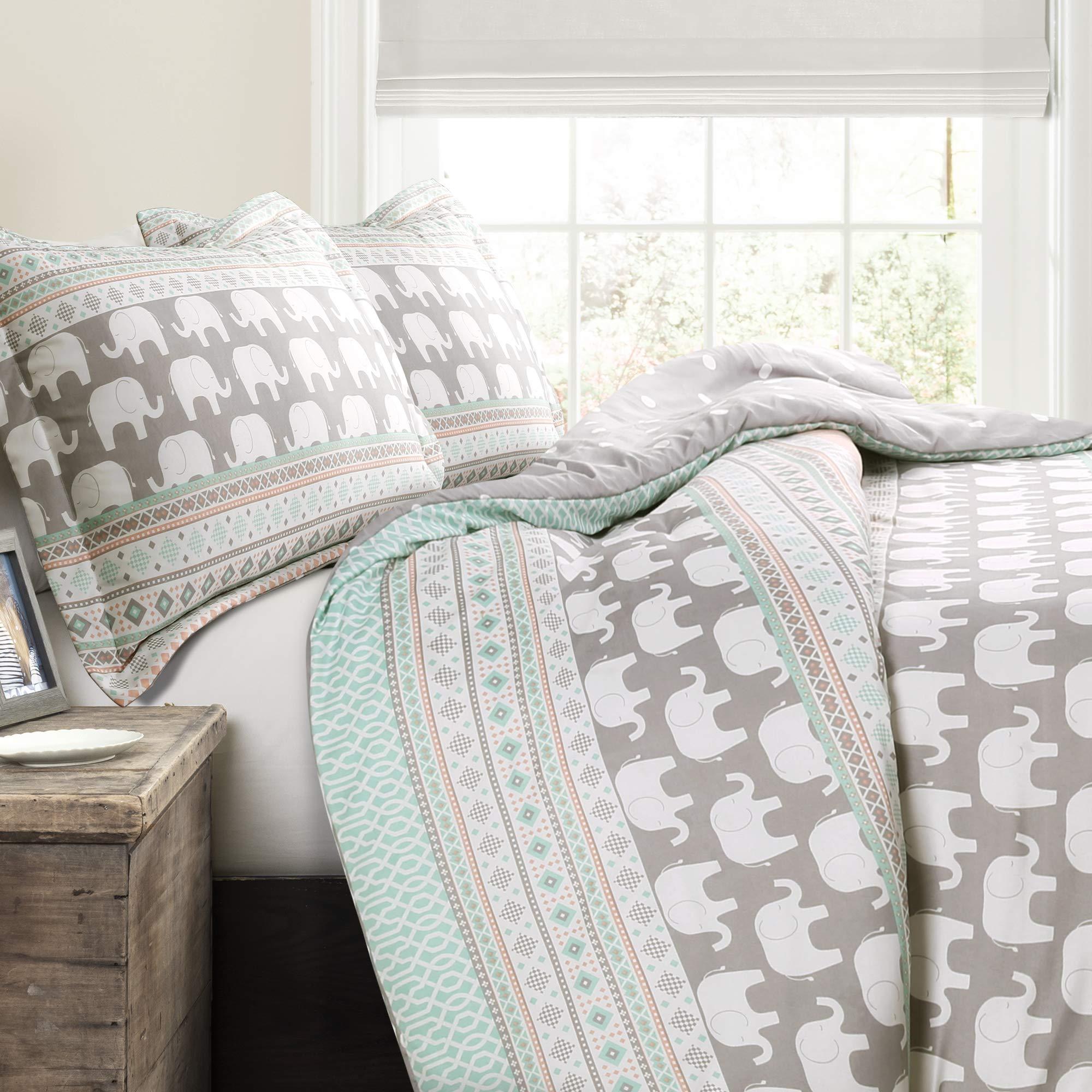 Lush Decor Pink-and-Turquoise Elephant Striped 4-Piece Comforter Bed Set, Reversible Bedding (Twin) - Image 4