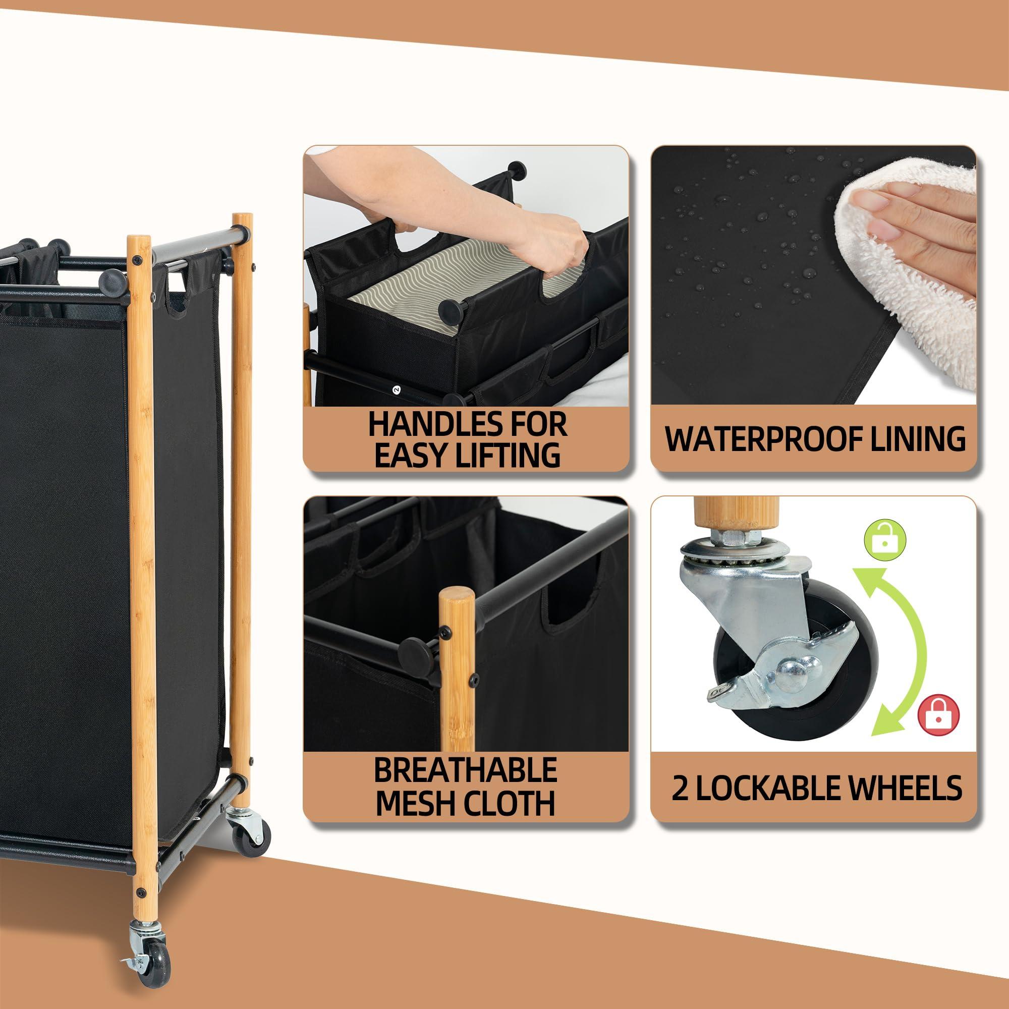STORAGE MANIAC 3 Section Laundry Sorter, 35.9 Gal (136 L) Laundry Hamper Cart with Heavy Duty Rolling Lockable Wheels and Removable Bags, Clothes Organizer Basket Clothes Separator Hamper, Bamboo - Image 5