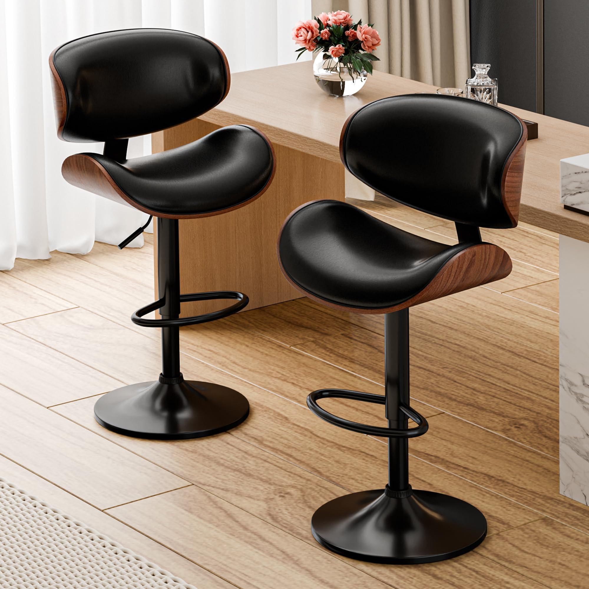 Aowos Bar Stools Set of 2, Adjustable Swivel Leather Bar Stools for Kitchen Island, Mid Century Modern Counter Height Bar Chairs Barstools with Back & Footrest (Black) - Image 2