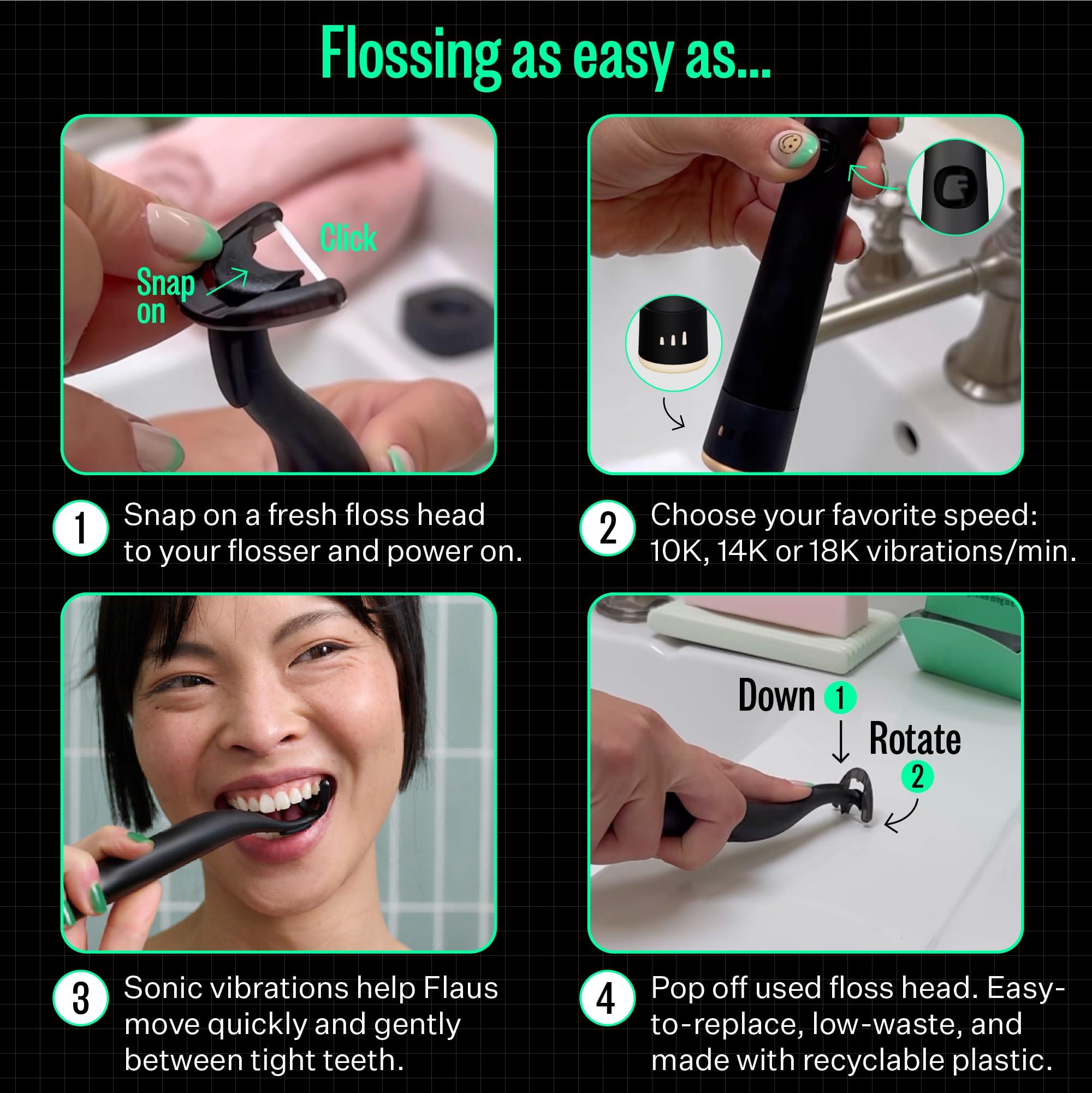 FLAUS Electric Flosser (Shark Tank) 3 Speeds + 45 Refill Heads w/Gentle Gliding Floss for Sensitive Gum Care - Water Flosser Alternative, Dentist Recommended Tooth Flossers, Eco Dental Floss Picks - Image 7