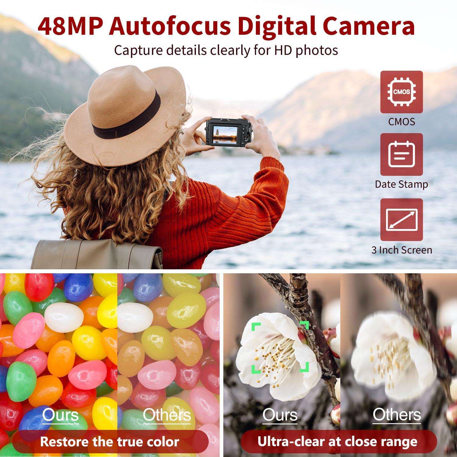 Bifevsr 4K Digital Camera for Photography Autofocus, 48MP Vlogging With Flash Anti-Shake, 3'' 180 Flip Screen Compact Travel 16X Zoom for Teens With 32G Card, Battery Charger - Image 3