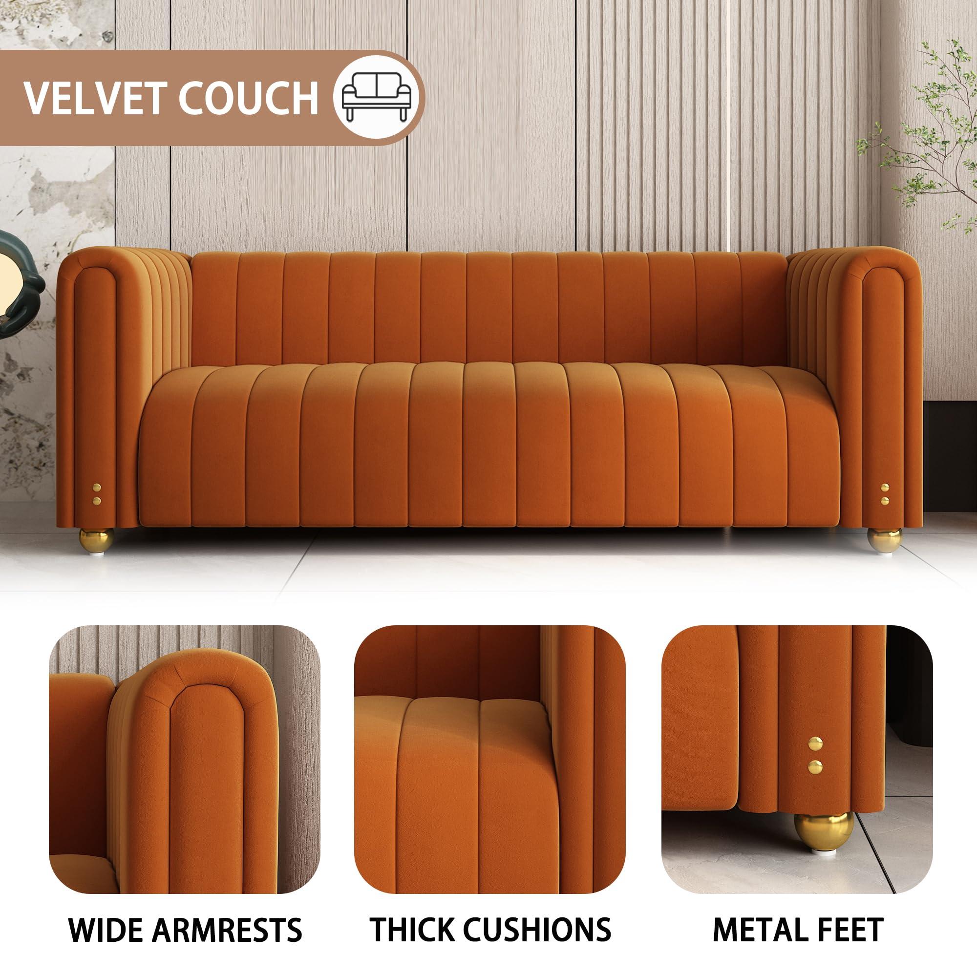 BuLaXong 81" Mid Century Modern Velvet Sofa, Loveseat 3 Seat Comfy Couch for Living Room, Orange Tufted Velvet Couch with Gold Metal Sphere Legs, Luxury Modern Sofa for Room Office Apartment - Image 3