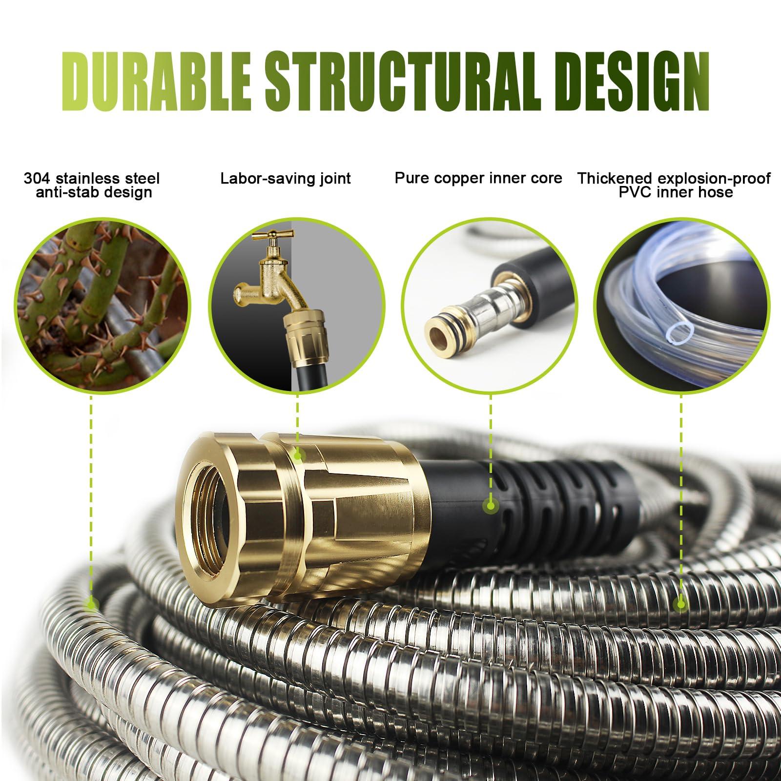 50FT Metal Garden Hose - Stainless Steel, Heavy Duty, Flexible & Lightweight, Never Kink and Tangle, with 10-Function Nozzle, Pressure Resistant for Outdoor Use (Yellow) - Image 2