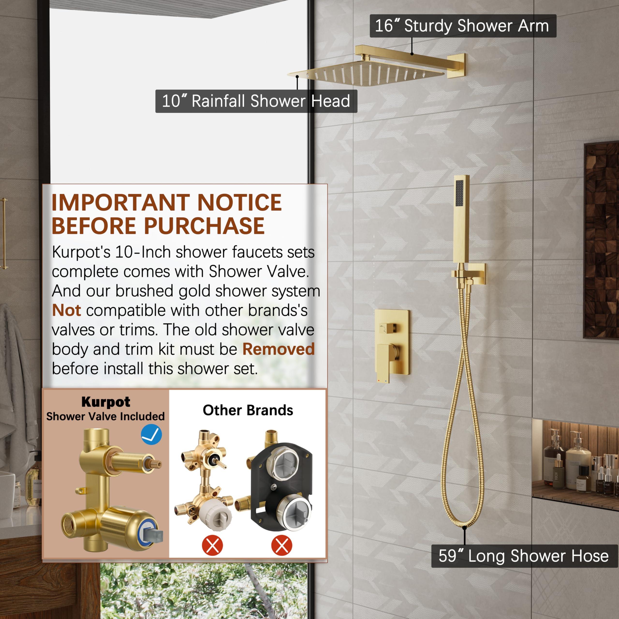 Kurpot Gold Shower System, 10'' Square Rainfall Shower Head with Handheld Combo Spray, Bathroom Brushed Gold Shower Faucet Set with Valve, 59'' Shower Hose, Shower Trim Kit and Diverter, Wall Mounted - Image 2
