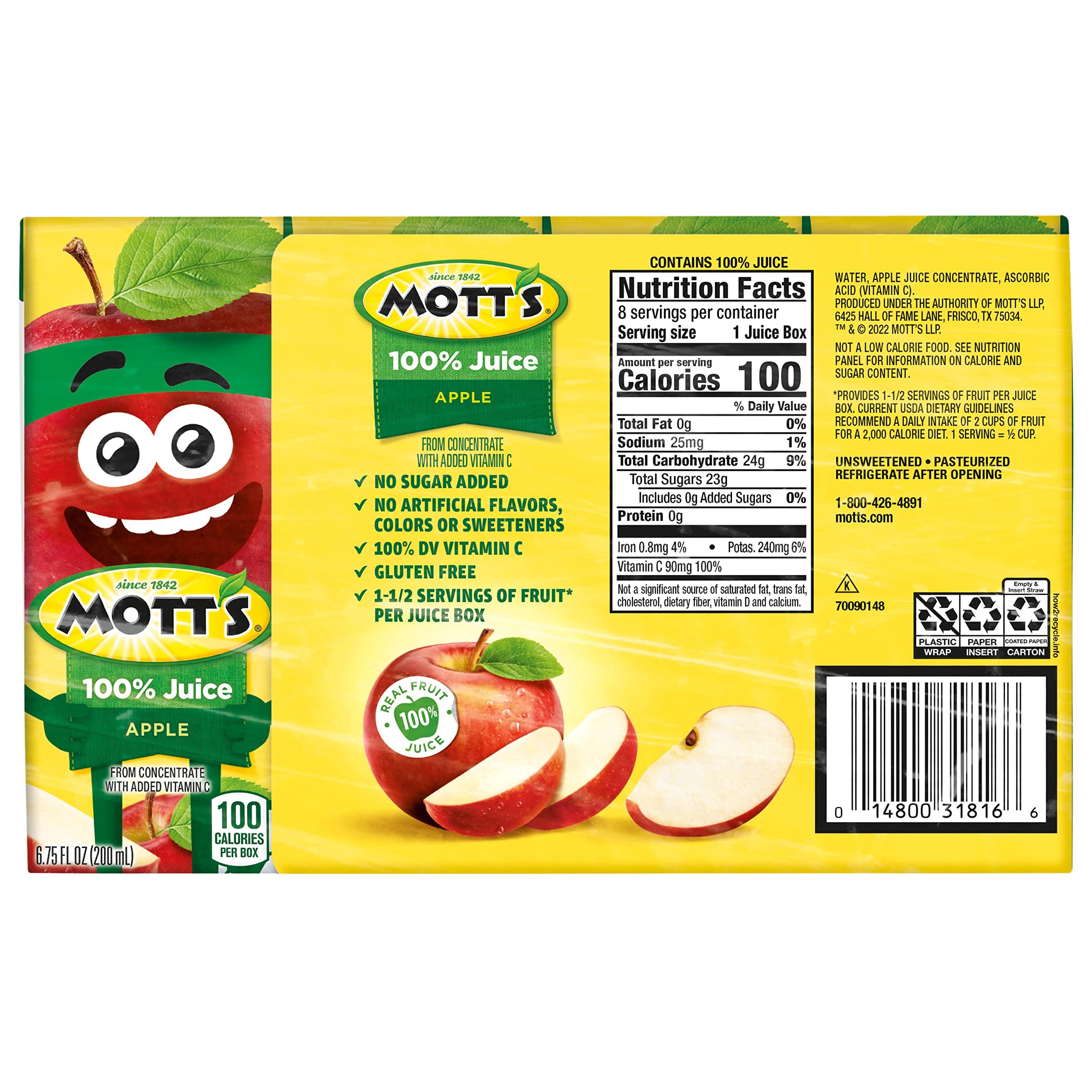 Mott's 100% Original Apple Juice, 6.75 Fl Oz Boxes, 32 Count (4 Packs Of 8), 2 Servings Of Fruit, 100% Fruit Juice, Gluten-free, Caffeine-free, Kosher, Contains No Artificial Colors Or Sweeteners - Image 2