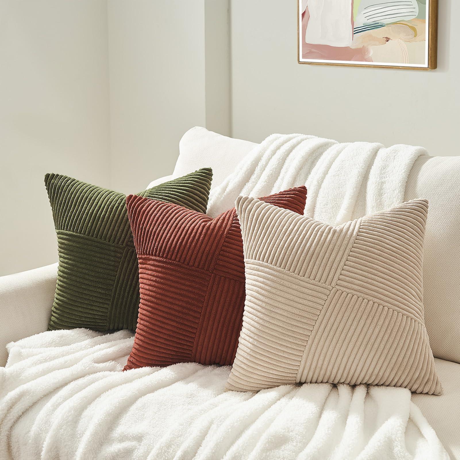 Topfinel Olive Green Decorative Throw Pillow Covers Set of 2 18x18 Inches for Couch Bed Sofa, Boho Aesthetic Home Decor, Soft Corduroy Striped Patchwork Windmill Textured Cushion Cases 45x45 cm - Image 6