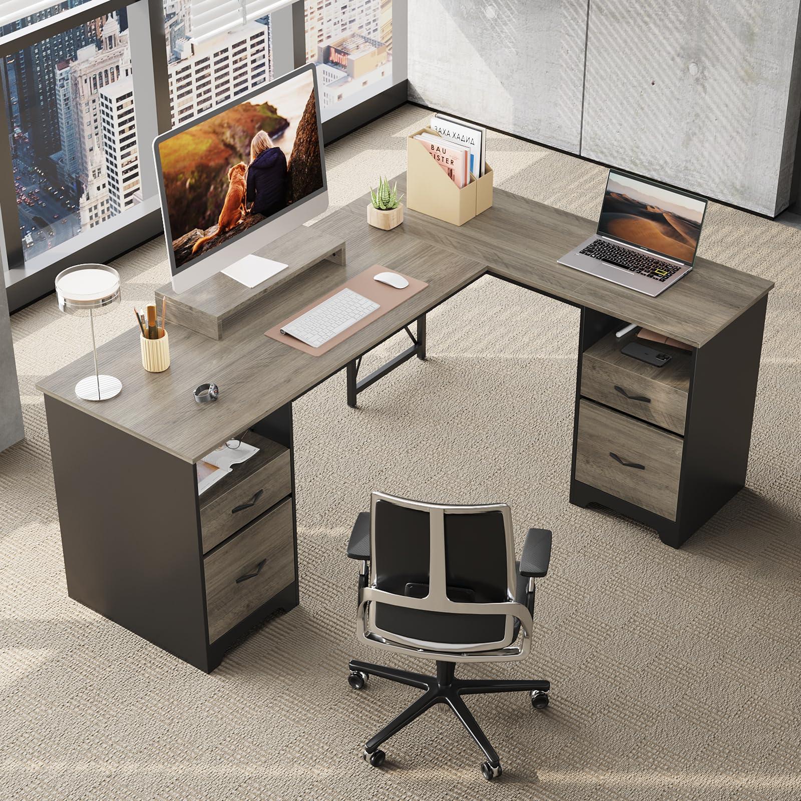 Bestier L Shaped Desk with 4 Drawers, 63" x 47" Executive Desk with Open Storage & Monitor Stand, Corner Desk with 2 File Drawers & Modesty Panel for Home Office, Gray - Image 6