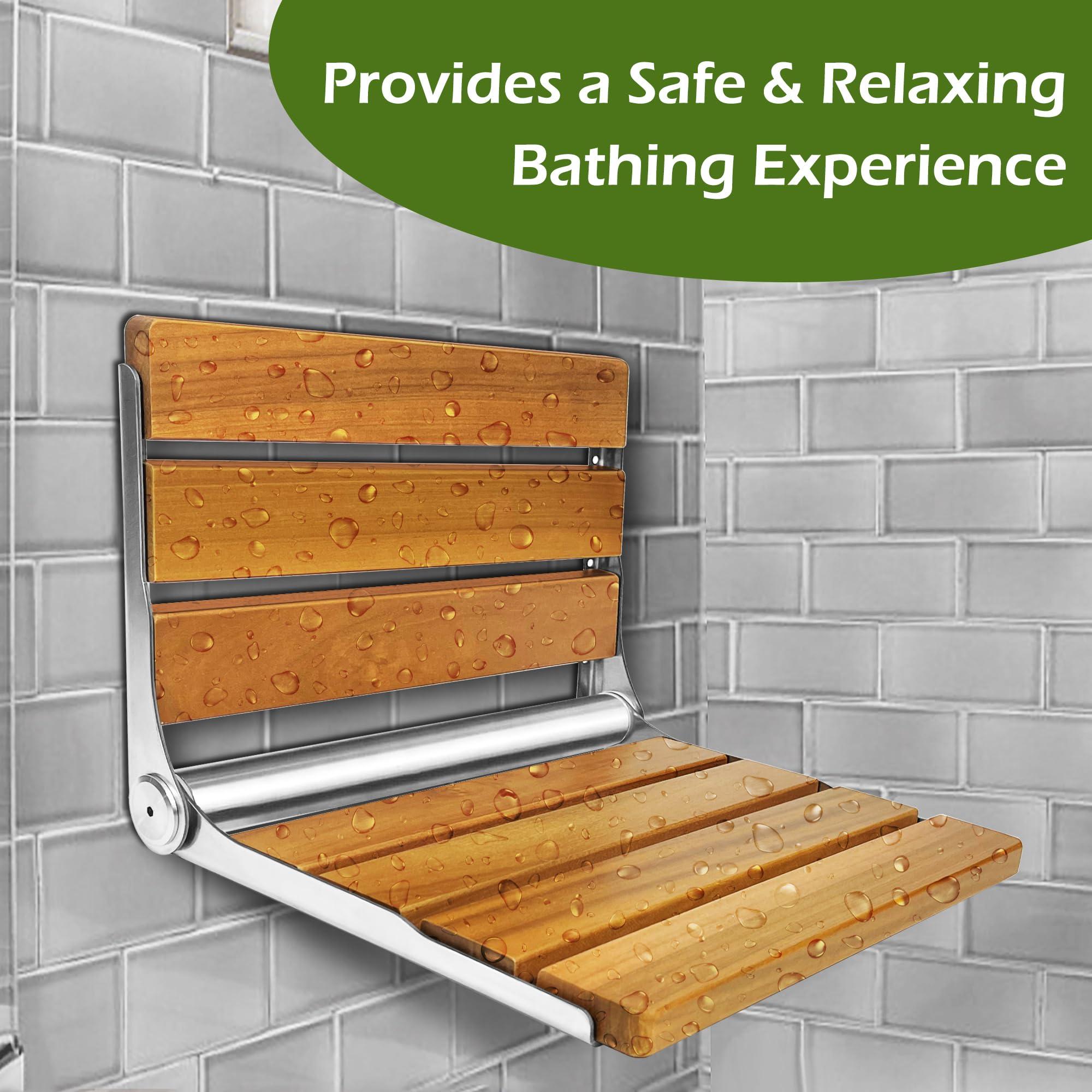 Koretech Folding Shower Seat Teak, Folding Shower Seat Wall Mounted, Foldable Shower Chair for Home Care, 450 lbs Capacity (Stainless Steel, 13'' D x 17'' W x 10'' H) - Image 4
