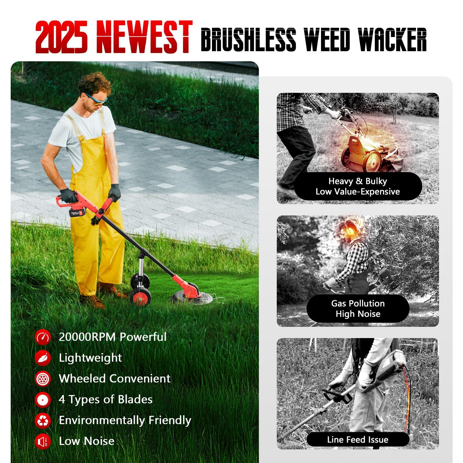 20000 RPM Electric Weed Wacker with Wheel,12″ Brushless Cordless Weed Eater Battery Powered, 4-in-1 Brush Cutter/String Trimmer/Grass Trimmer/Lawn Mower,Edger Stringless Weed Trimmer,5 Blade,2 Battery - Image 5