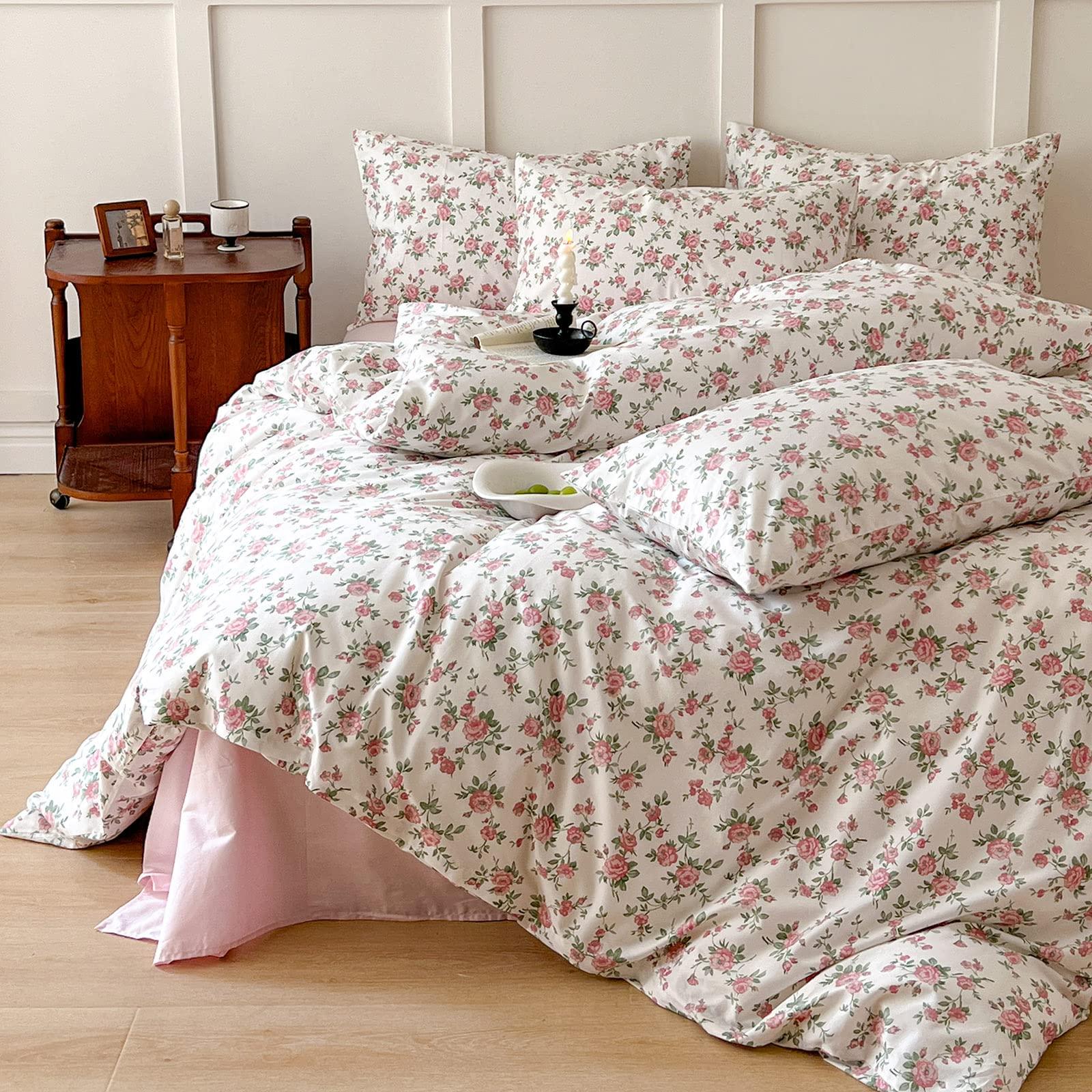Pink Floral Duvet Cover Queen Soft Cotton Girls Cottagecore Bedding Set Botanical Peach Flower Comforter Cover with Zipper Closure Vintage Country Bedding Aesthetic Duvet Cover with 2 Pillowcases
